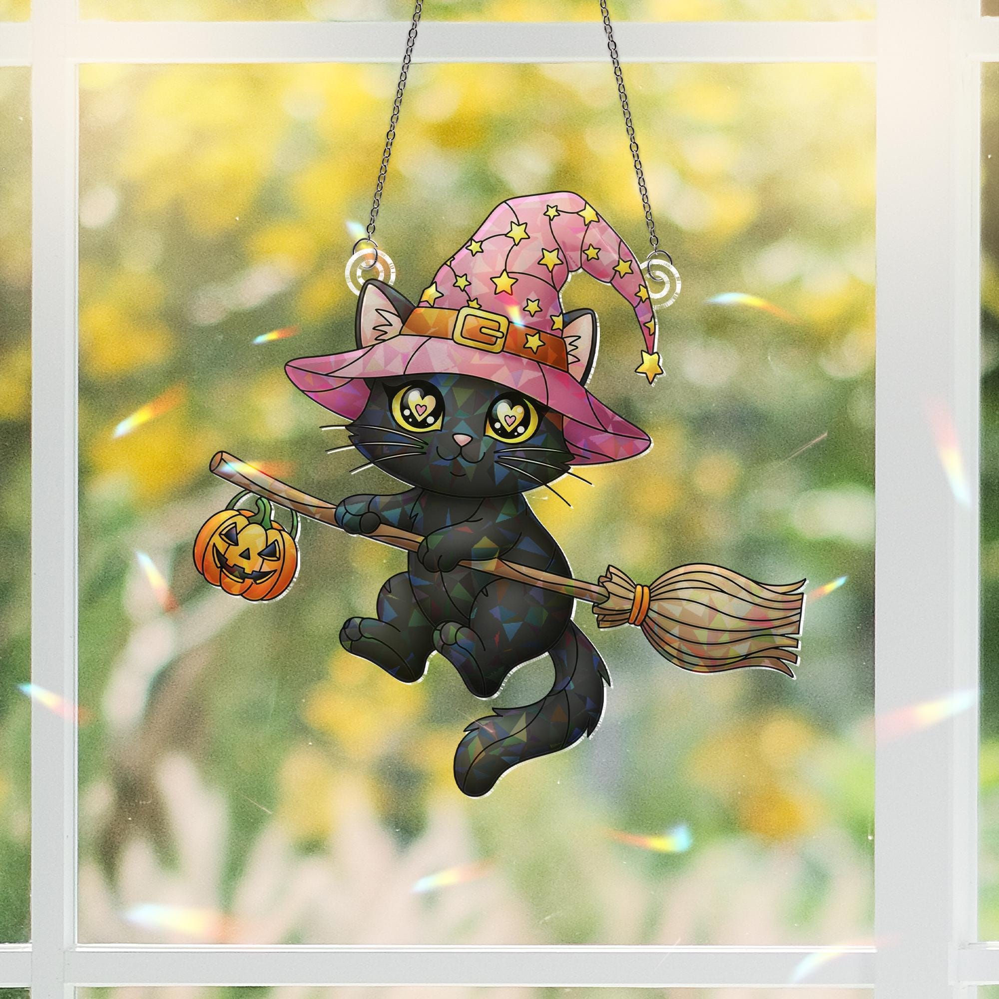 Black Cat Witch Suncatcher, Kawaii Halloween Decor, Stained Glass Wall Hanging, Cat Lover Gift