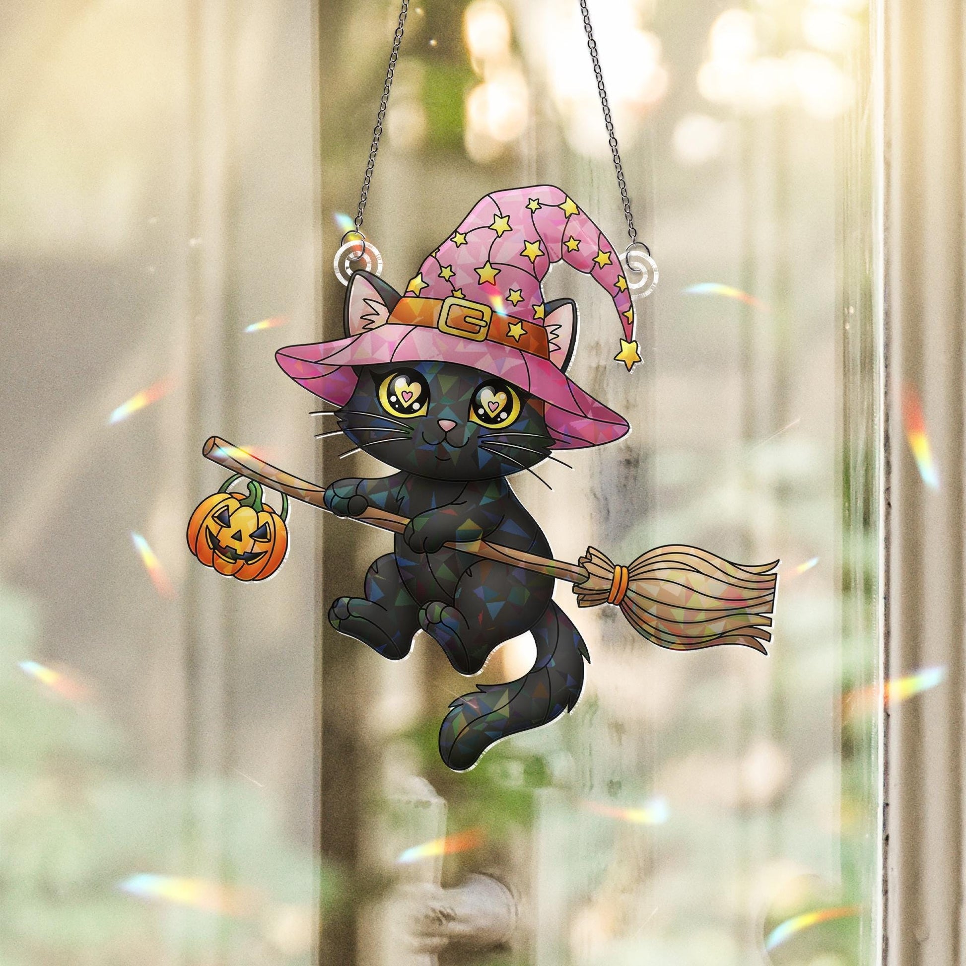 Black Cat Witch Suncatcher, Kawaii Halloween Decor, Stained Glass Wall Hanging, Cat Lover Gift