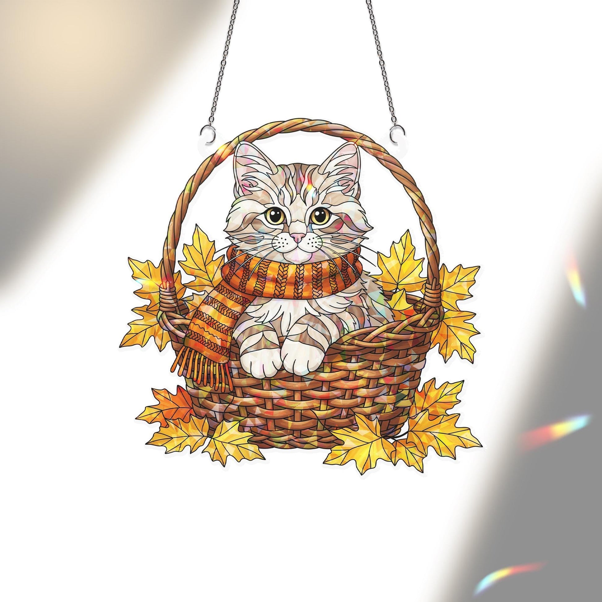 Autumn Cat Suncatcher, Fall Decor, Stained Glass Wall Hanging, Cat Lover Gift, Fall Leaves Decor
