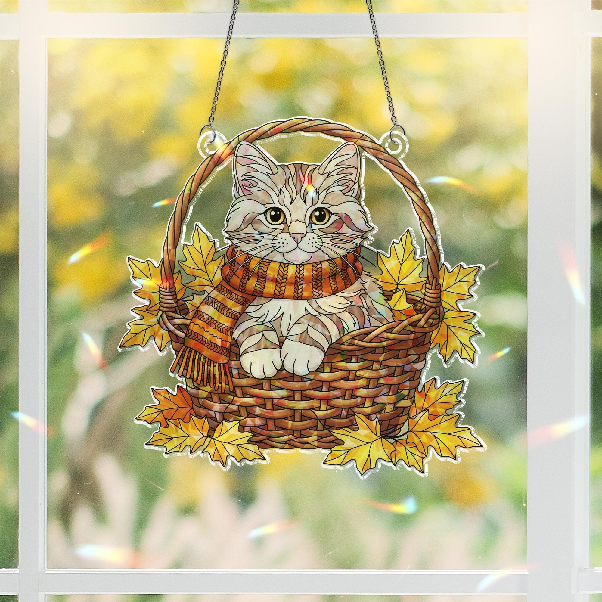 Autumn Cat Suncatcher, Fall Decor, Stained Glass Wall Hanging, Cat Lover Gift, Fall Leaves Decor