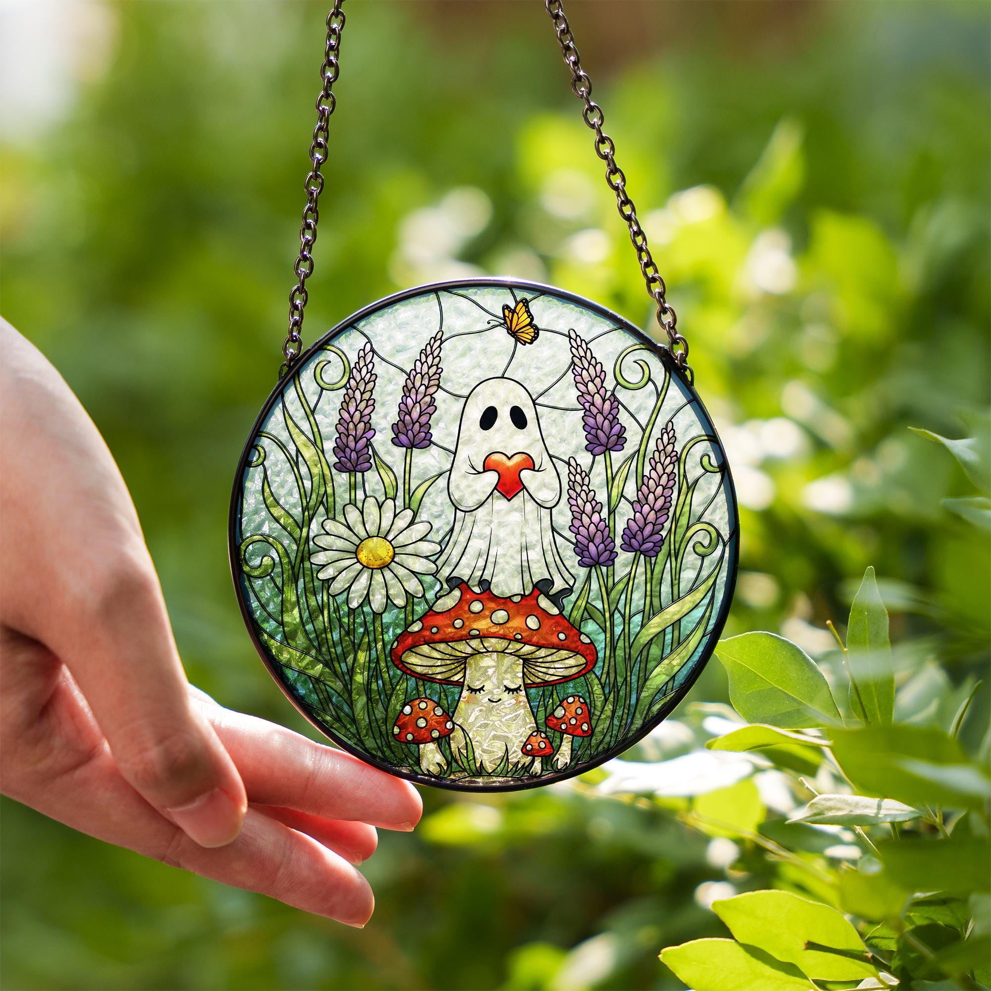 Ghost Mushroom Glass Suncatcher – Cottagecore Glass Window Decor with Flowers, Lavender & Heart Ghost