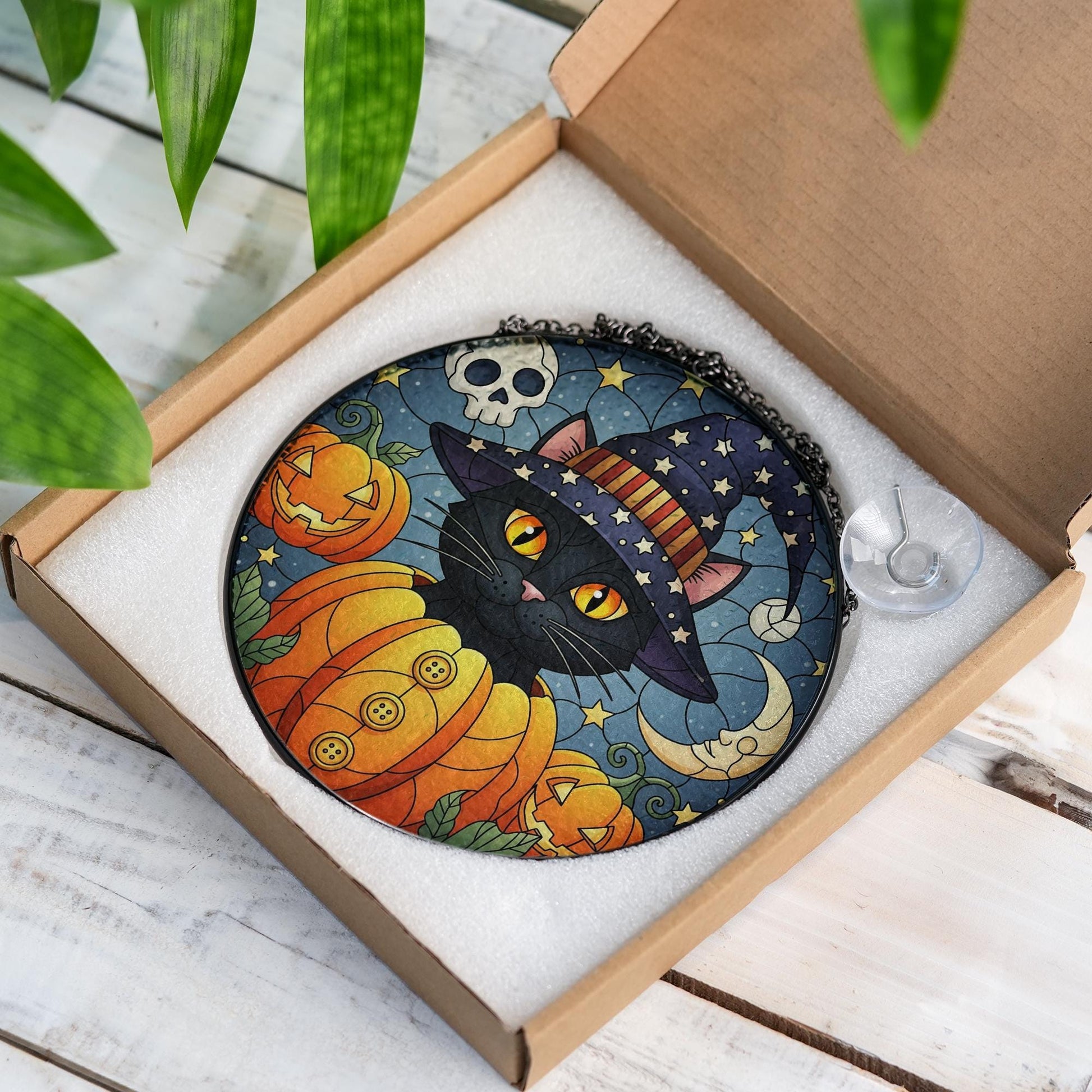 Halloween Black Cat Glass Suncatcher – Witchy Window Decor with Pumpkins, Moon & Stars for Spooky Season Charm