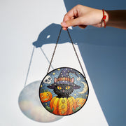 Halloween Black Cat Glass Suncatcher – Witchy Window Decor with Pumpkins, Moon & Stars for Spooky Season Charm
