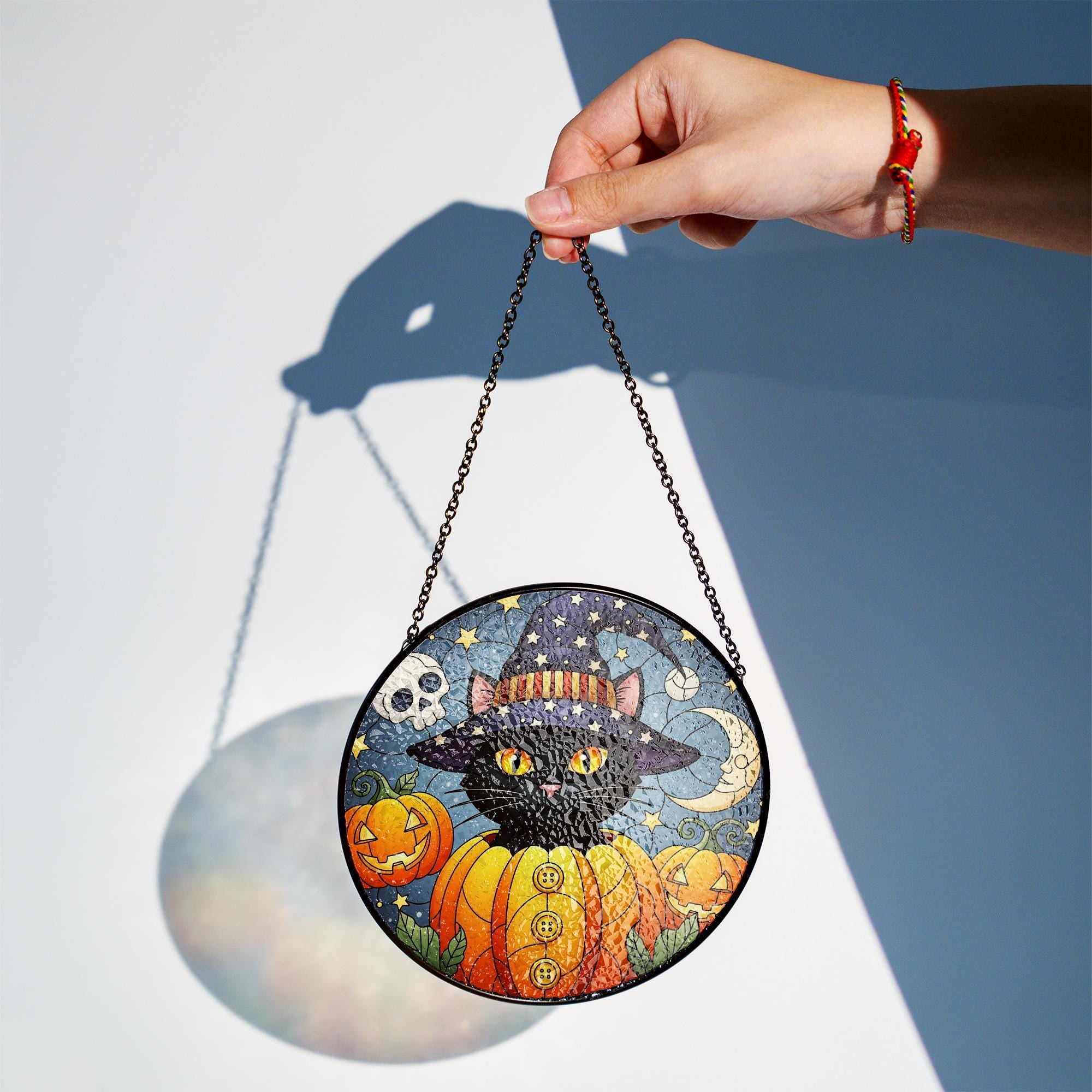 Halloween Black Cat Glass Suncatcher – Witchy Window Decor with Pumpkins, Moon & Stars for Spooky Season Charm