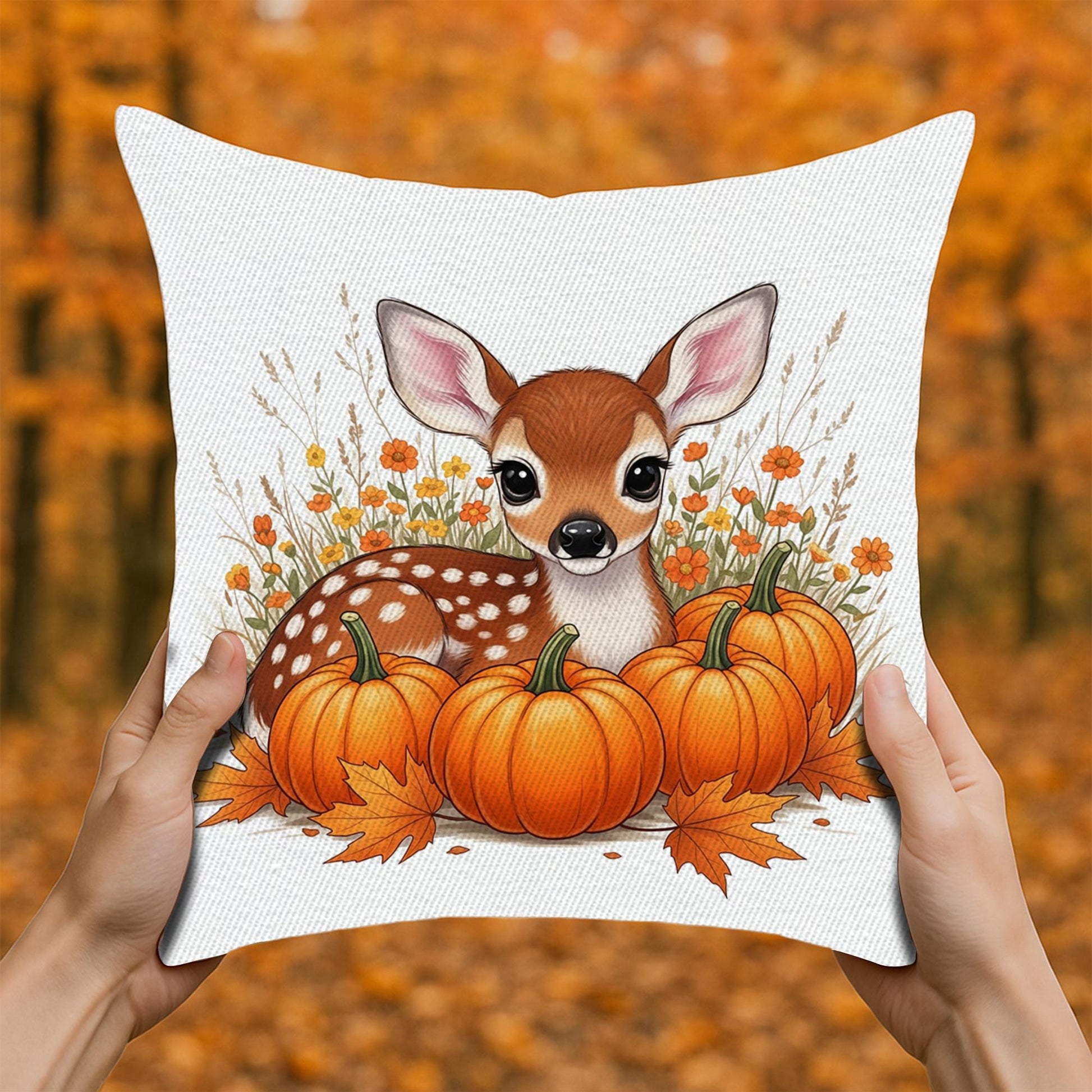 Cute Fall Deer Pumpkin Pillow Cover - Autumn Throw Pillow - Woodland Nursery Decor - Thanksgiving Cushion - Cozy Farmhouse Accent