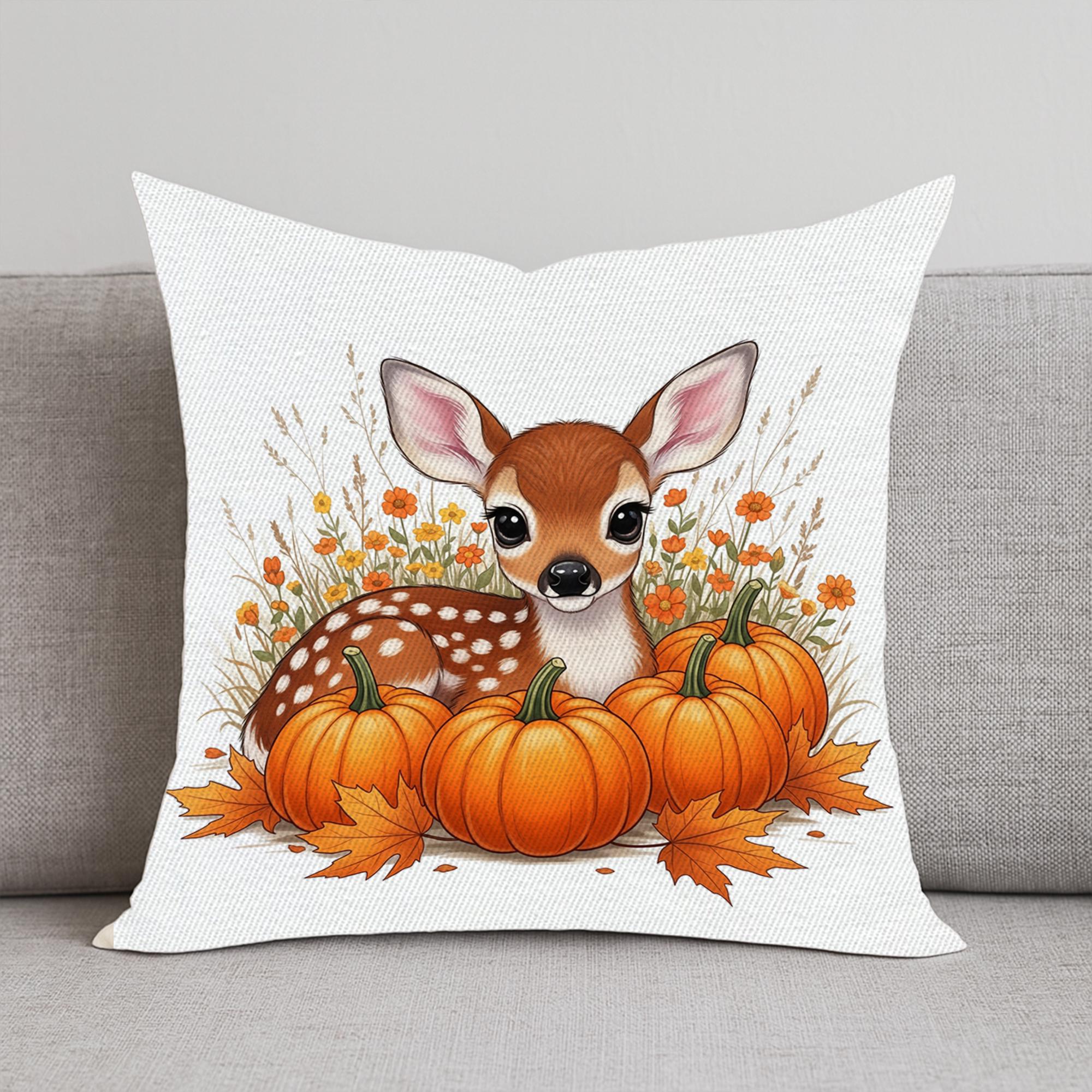Cute Fall Deer Pumpkin Pillow Cover - Autumn Throw Pillow - Woodland Nursery Decor - Thanksgiving Cushion - Cozy Farmhouse Accent