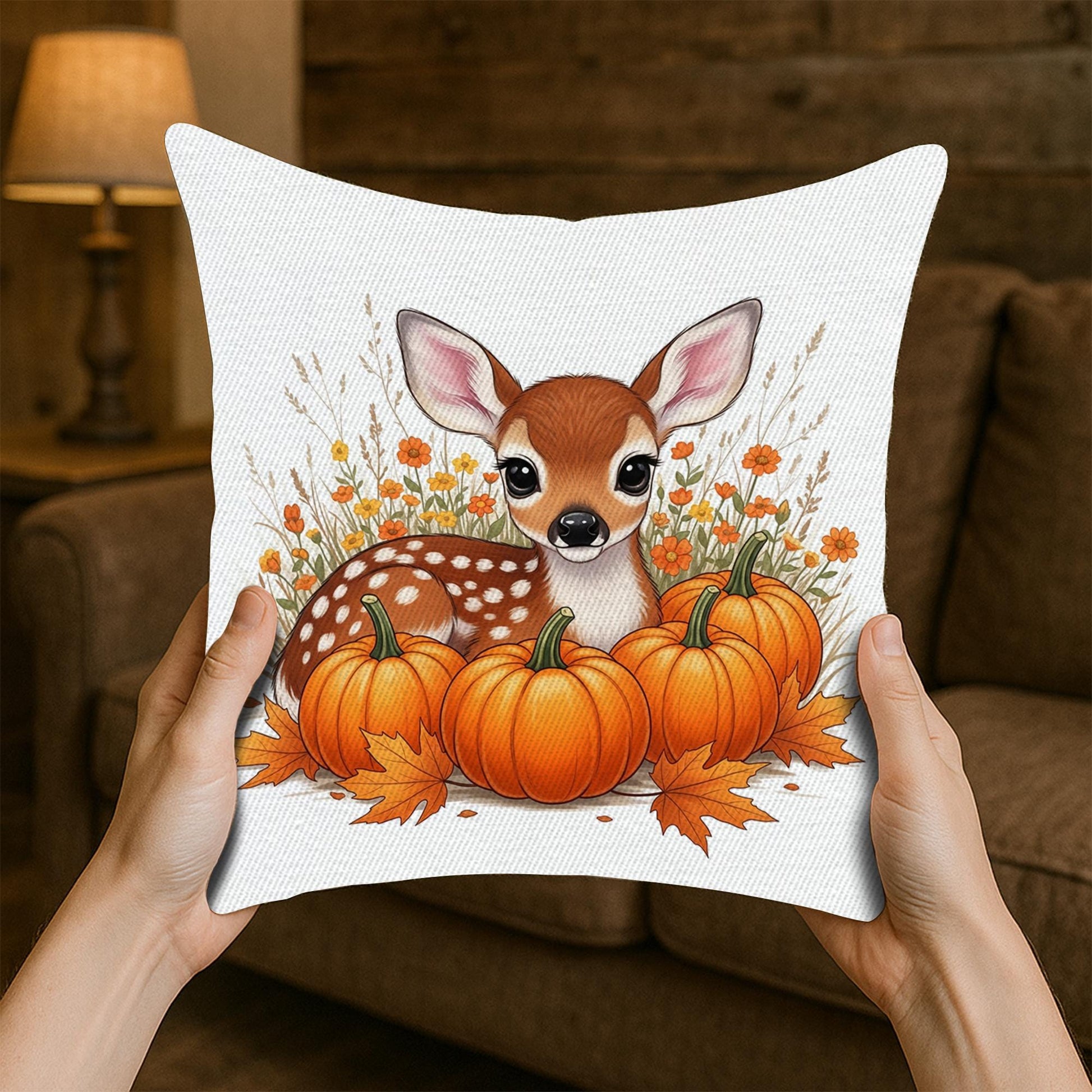 Cute Fall Deer Pumpkin Pillow Cover - Autumn Throw Pillow - Woodland Nursery Decor - Thanksgiving Cushion - Cozy Farmhouse Accent