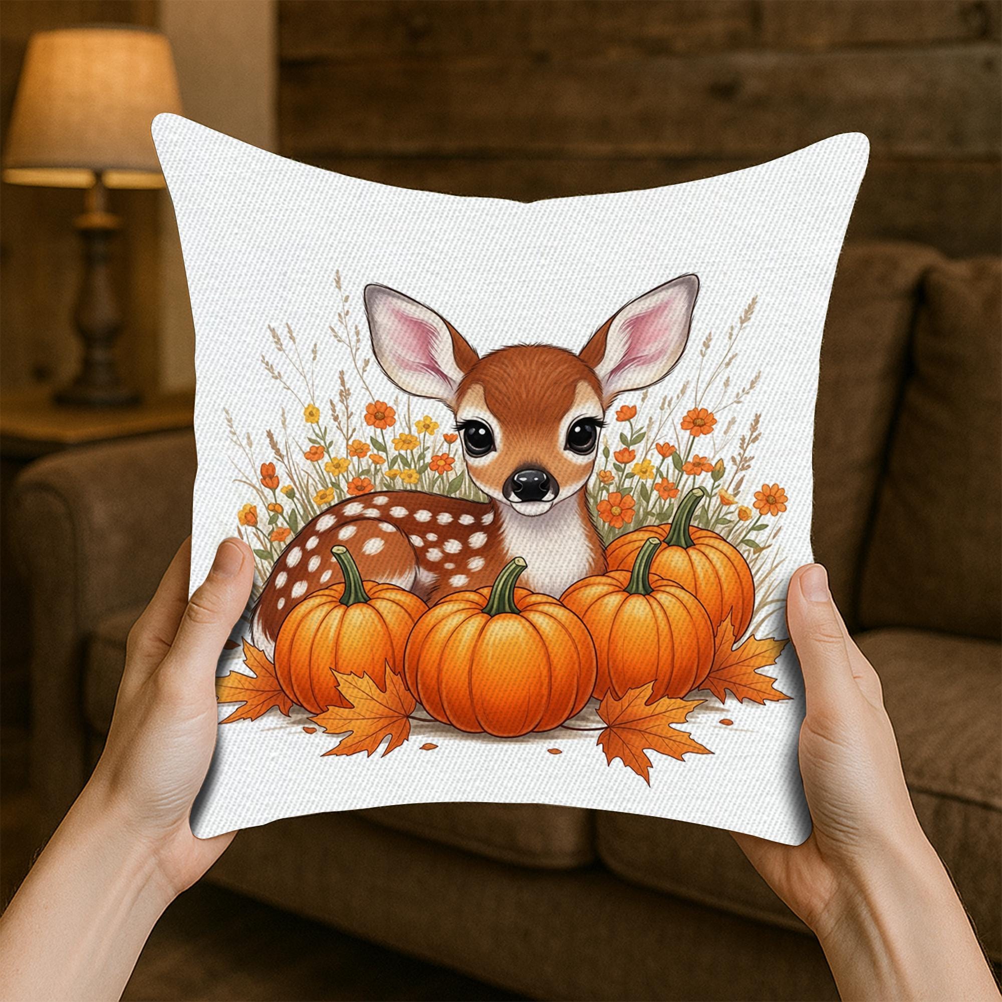 Cute Fall Deer Pumpkin Pillow Cover - Autumn Throw Pillow - Woodland Nursery Decor - Thanksgiving Cushion - Cozy Farmhouse Accent