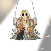 Ghost and Black Cat Suncatcher, Spooky Halloween Decor, Stained Glass Wall Hanging, Fall Decor