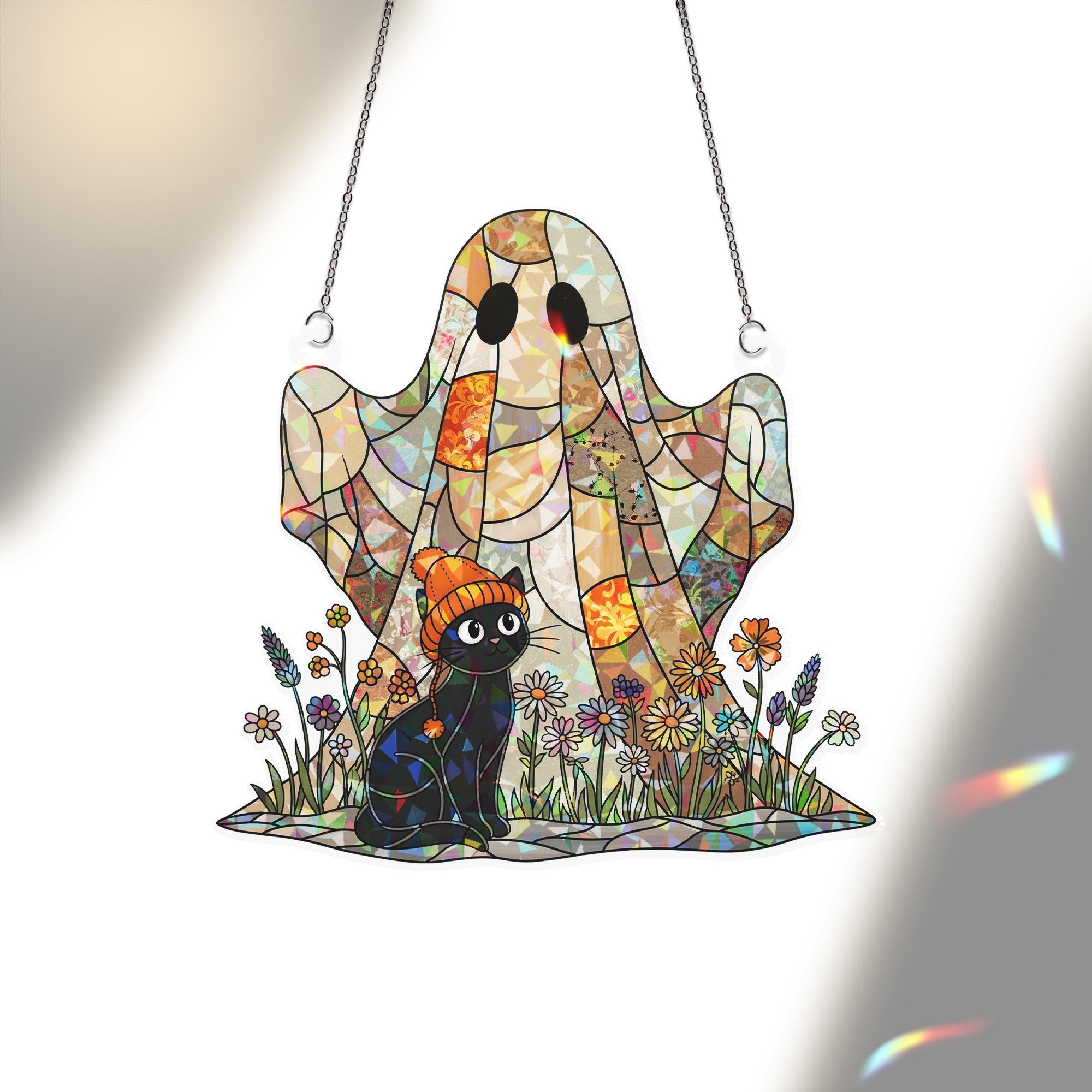 Ghost and Black Cat Suncatcher, Spooky Halloween Decor, Stained Glass Wall Hanging, Fall Decor