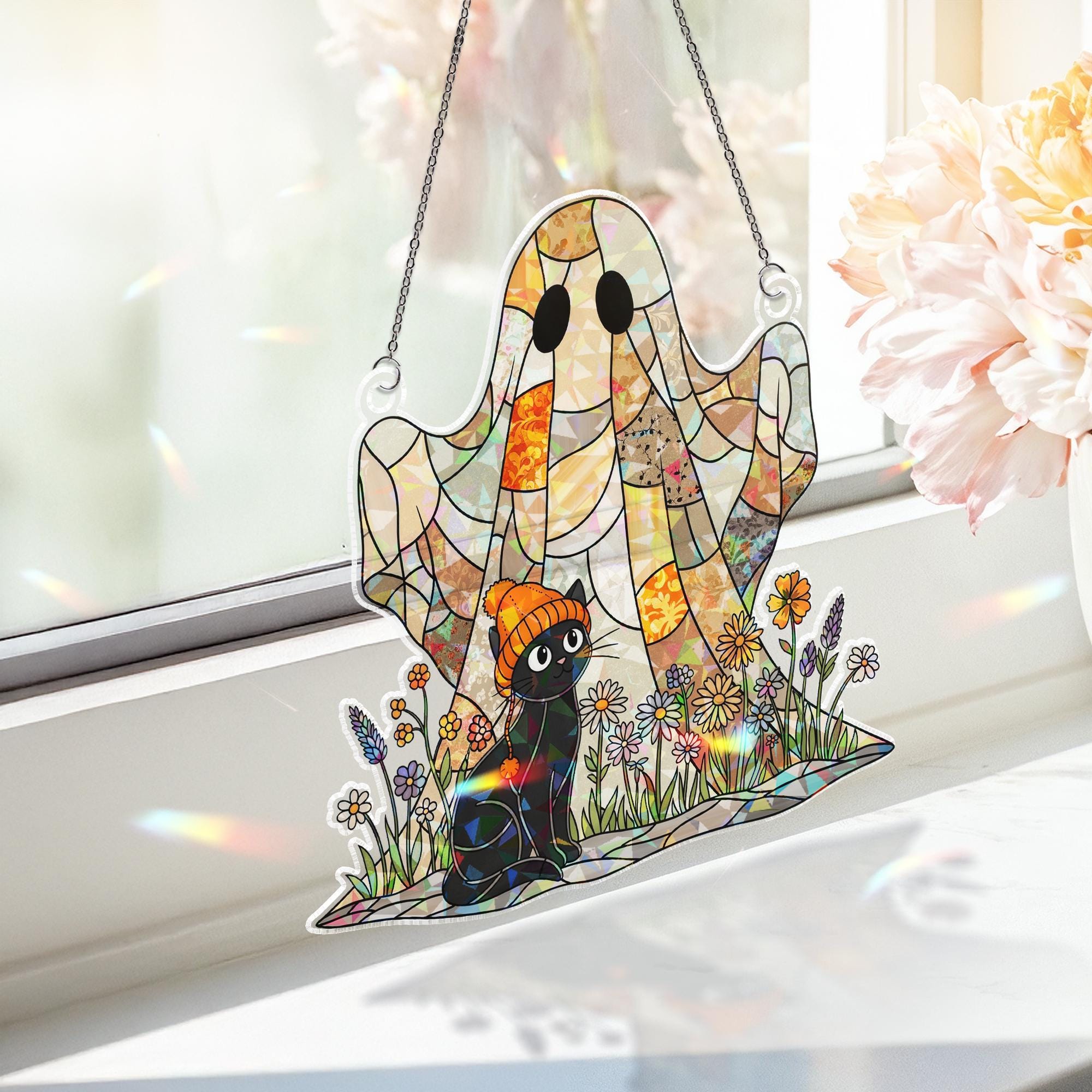 Ghost and Black Cat Suncatcher, Spooky Halloween Decor, Stained Glass Wall Hanging, Fall Decor