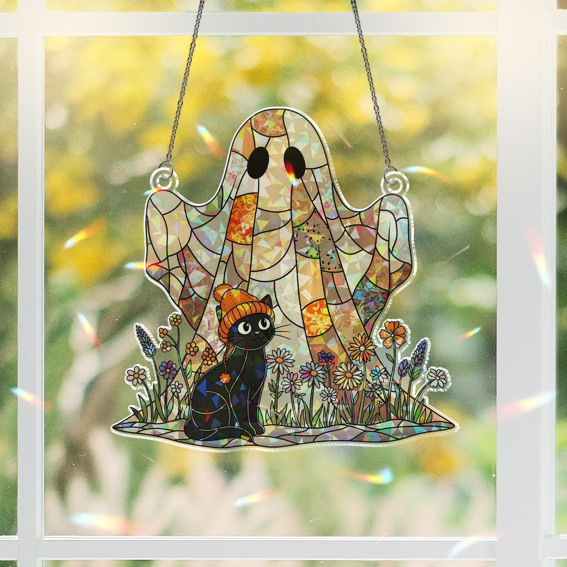 Ghost and Black Cat Suncatcher, Spooky Halloween Decor, Stained Glass Wall Hanging, Fall Decor