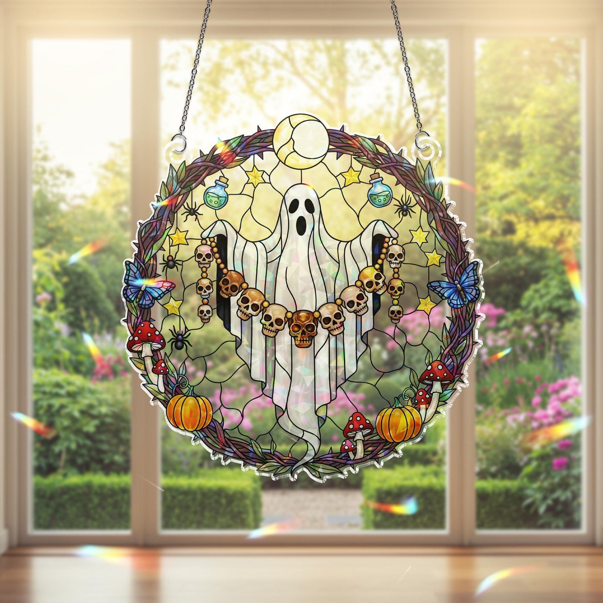 Ghost Skull Wreath Suncatcher – Holographic Acrylic Halloween Window Decor with Mushrooms, Pumpkins & Gothic Vibes