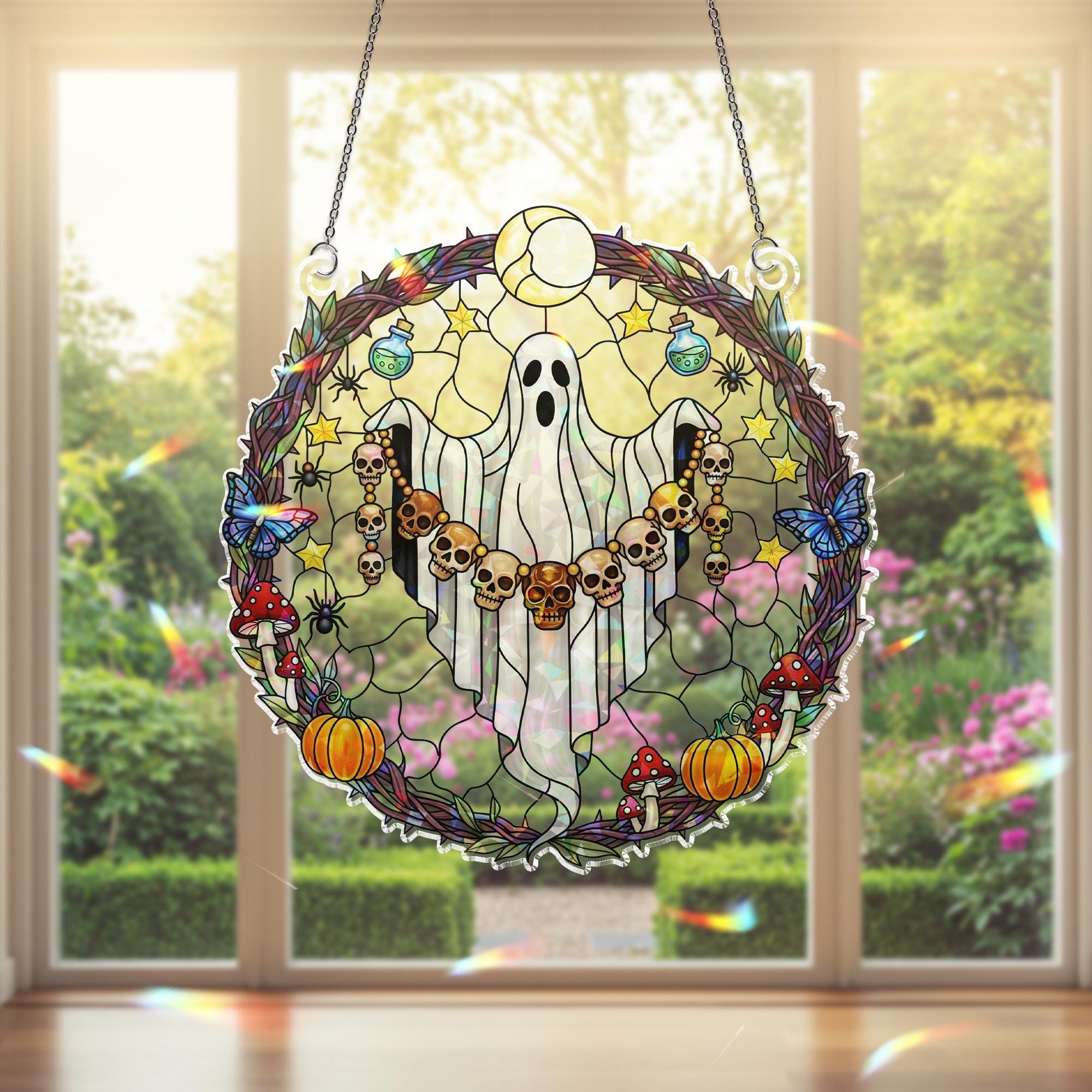 Ghost Skull Wreath Suncatcher – Holographic Acrylic Halloween Window Decor with Mushrooms, Pumpkins & Gothic Vibes