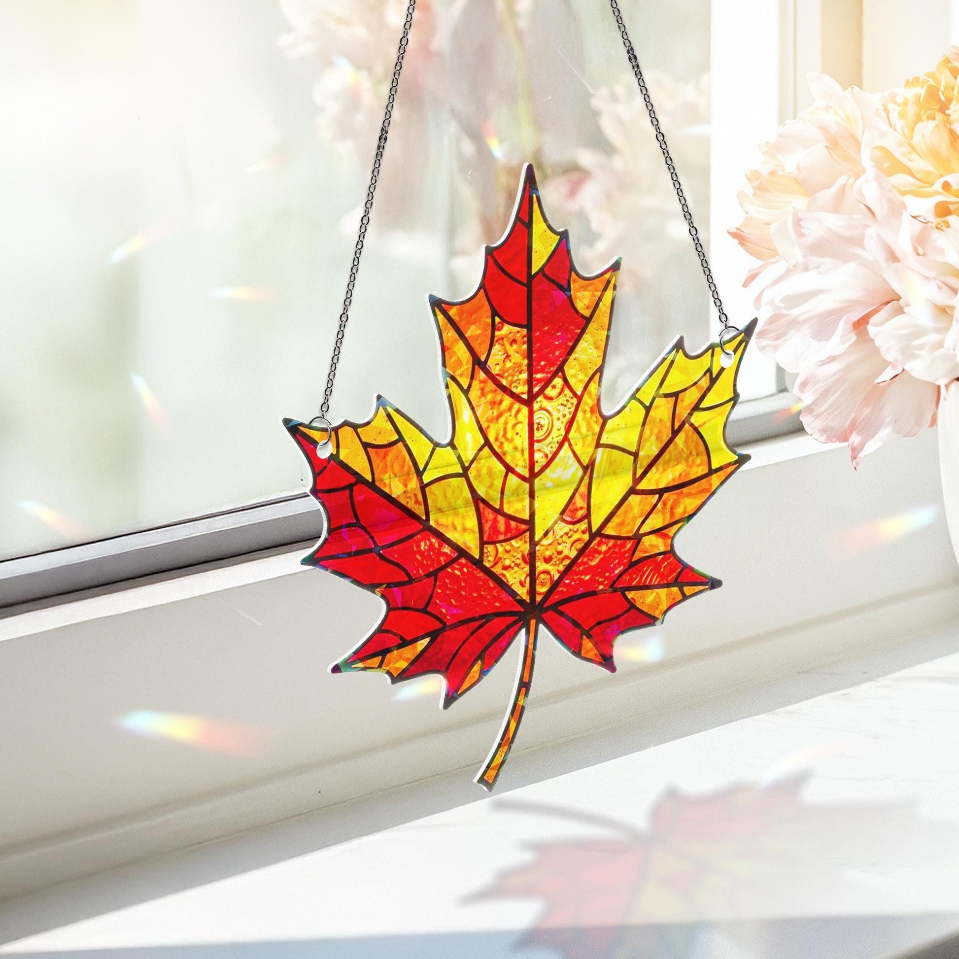 Autumn Maple Leaf Acrylic Suncatcher, Autumn Window Hanging, Holographic Fall Leaf Decor, Red Yellow Leaf Ornament, Door Accent