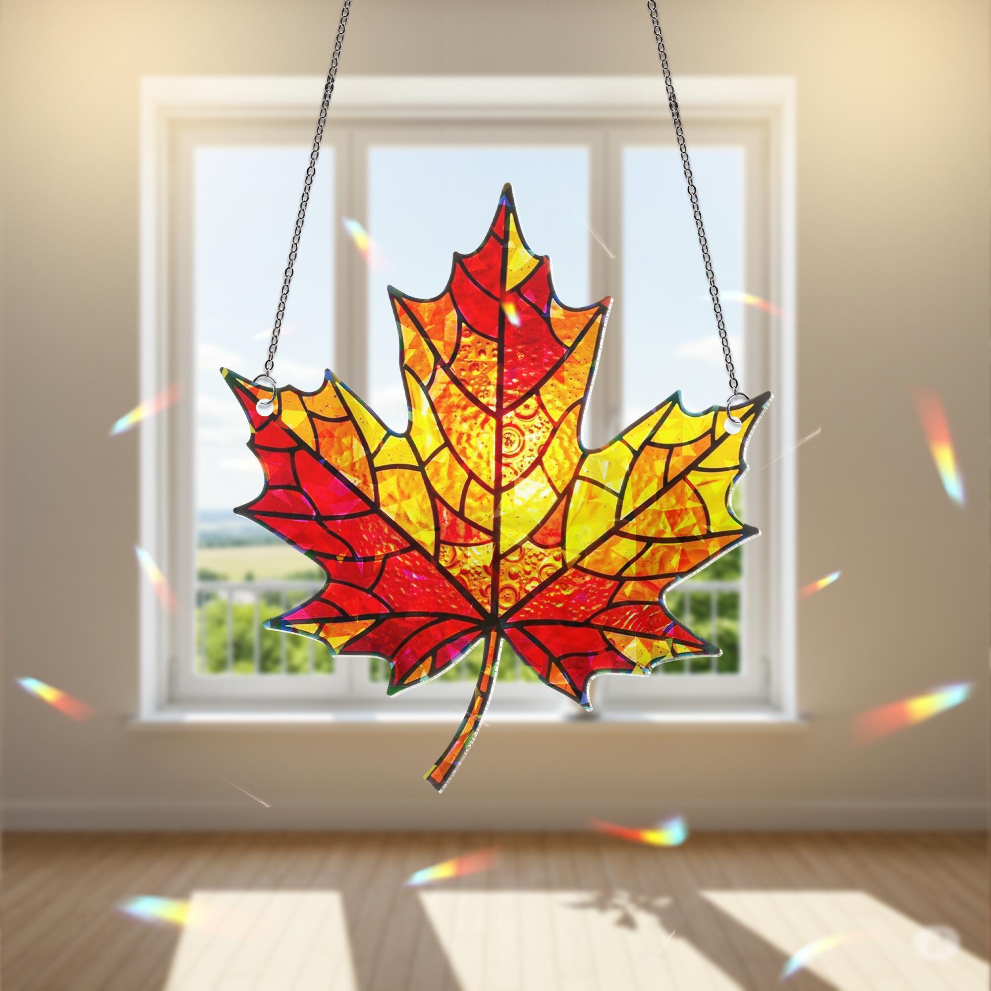Autumn Maple Leaf Acrylic Suncatcher, Autumn Window Hanging, Holographic Fall Leaf Decor, Red Yellow Leaf Ornament, Door Accent