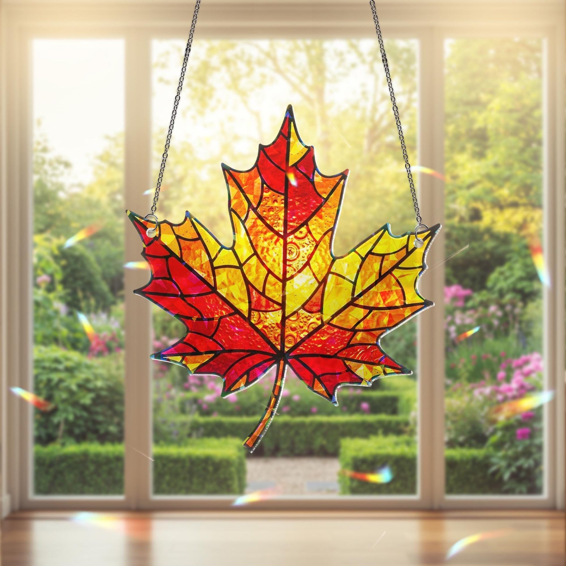 Autumn Maple Leaf Acrylic Suncatcher, Autumn Window Hanging, Holographic Fall Leaf Decor, Red Yellow Leaf Ornament, Door Accent