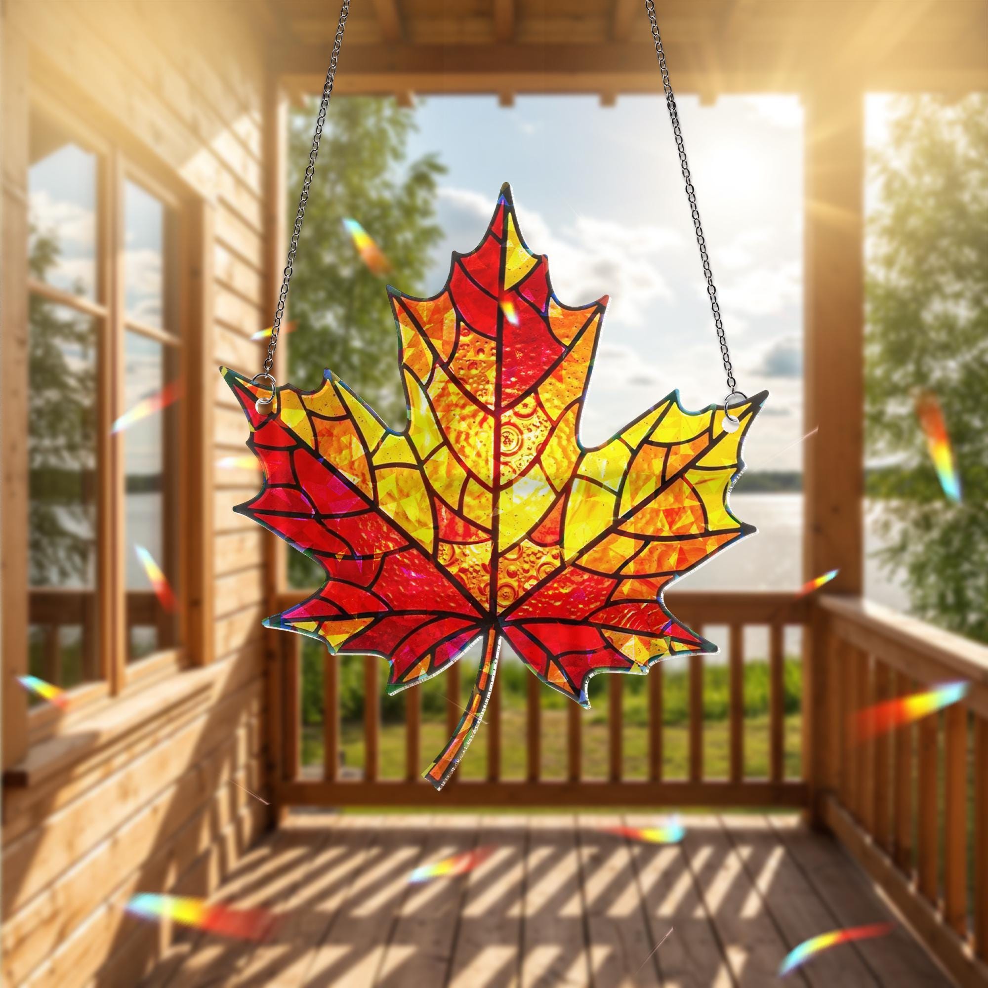 Autumn Maple Leaf Acrylic Suncatcher, Autumn Window Hanging, Holographic Fall Leaf Decor, Red Yellow Leaf Ornament, Door Accent