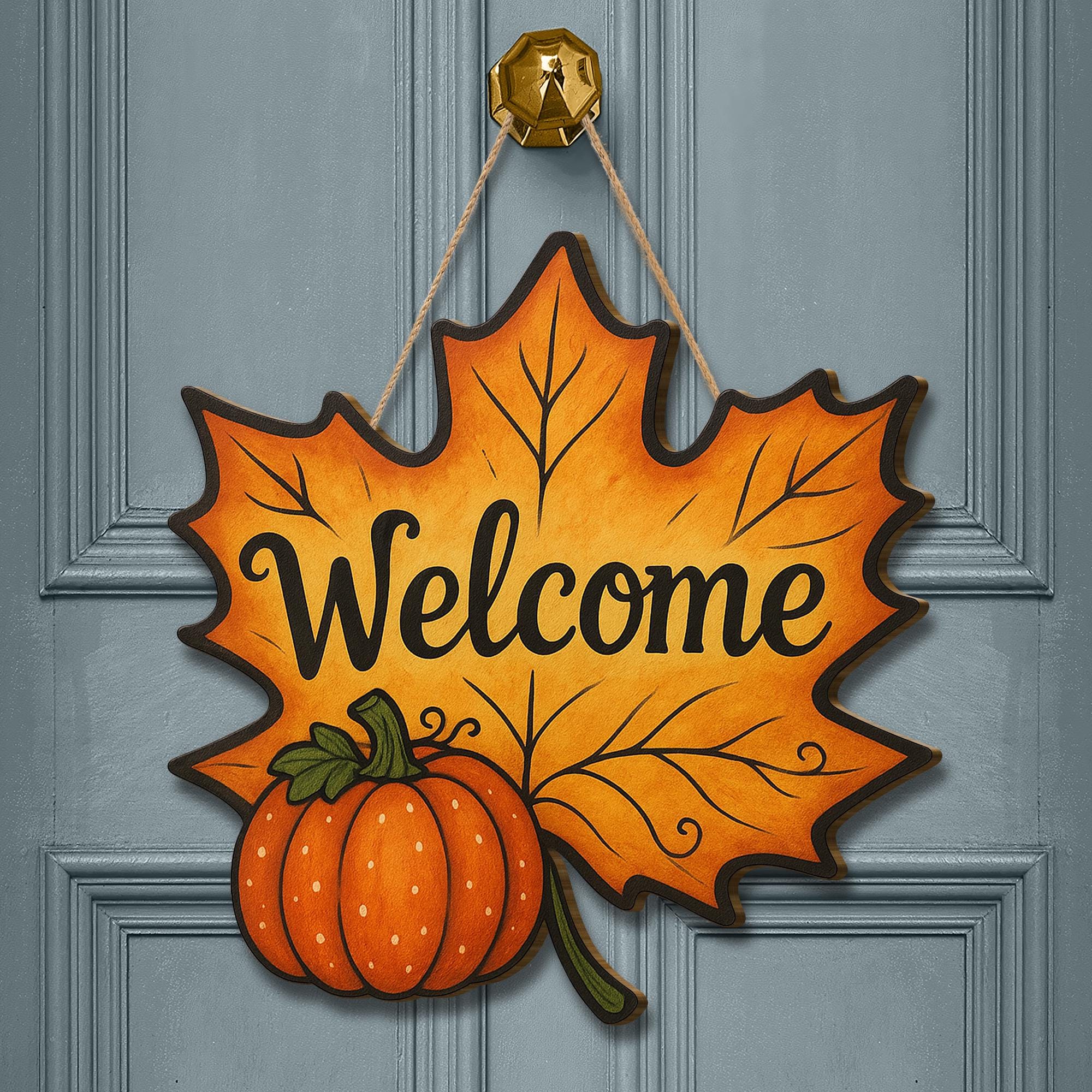 3D Wooden Welcome Sign, Fall Leaf Door Hanger with Pumpkin, Autumn Front Porch Decor, Rustic Seasonal Wall Art, Thanksgiving Sign