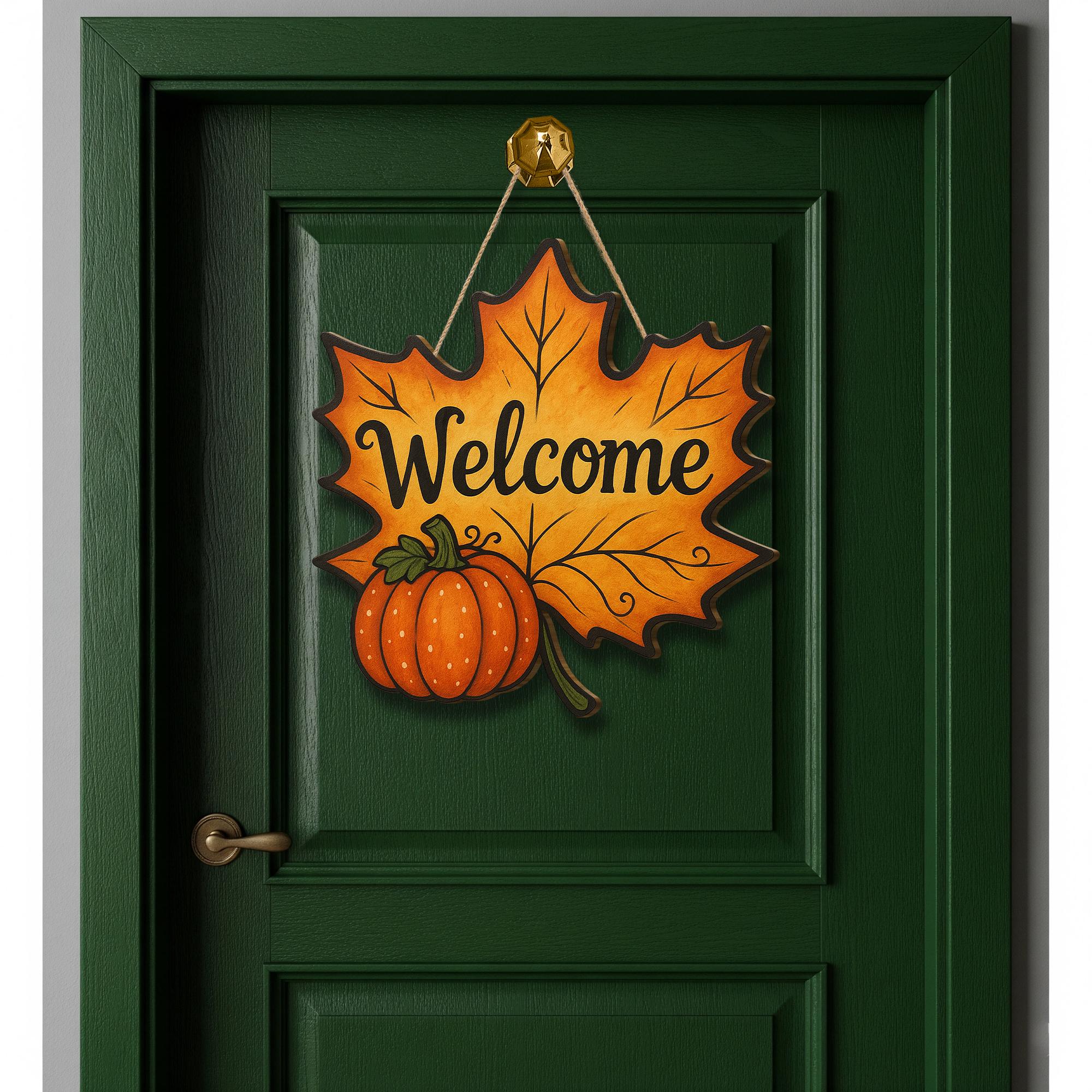 3D Wooden Welcome Sign, Fall Leaf Door Hanger with Pumpkin, Autumn Front Porch Decor, Rustic Seasonal Wall Art, Thanksgiving Sign