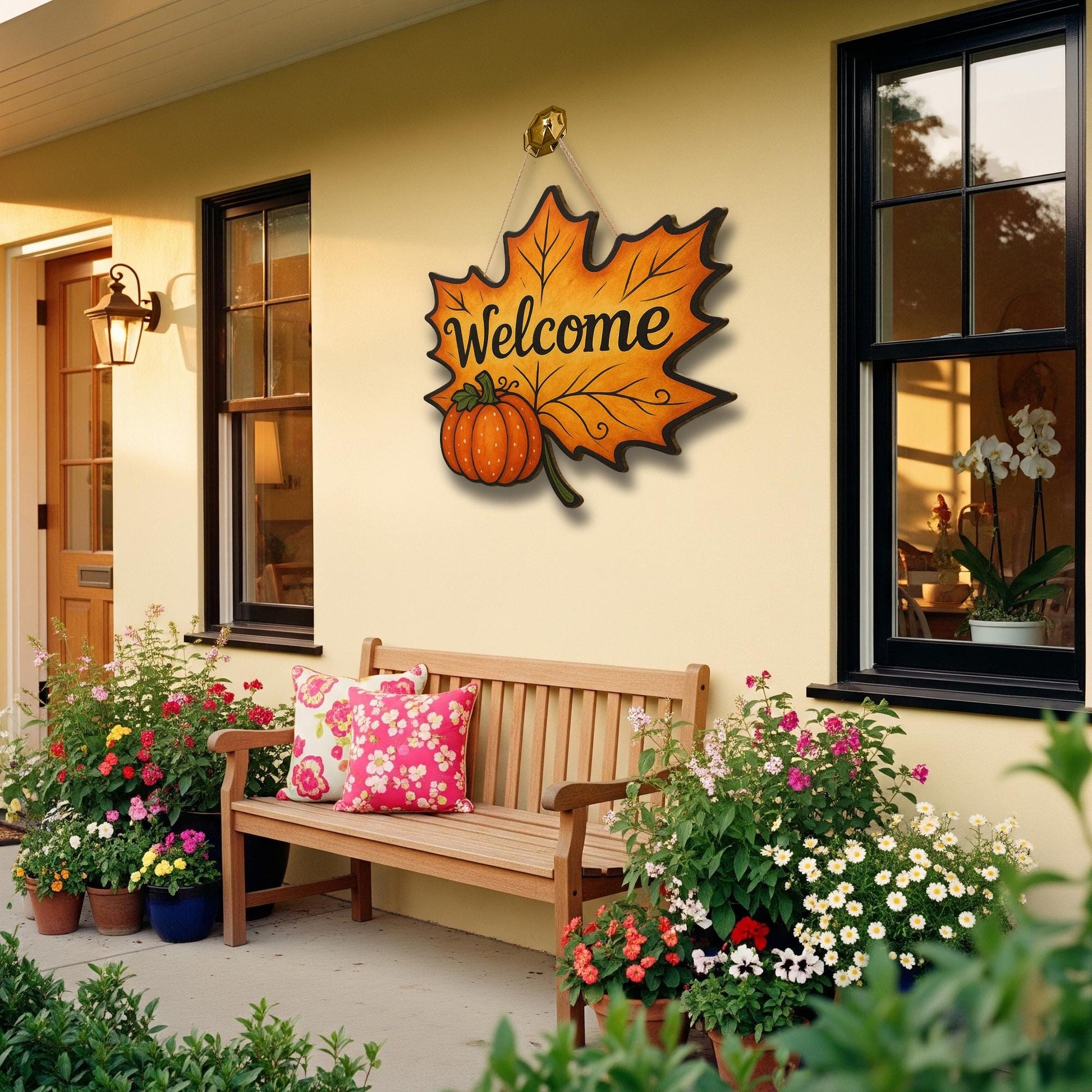 3D Wooden Welcome Sign, Fall Leaf Door Hanger with Pumpkin, Autumn Front Porch Decor, Rustic Seasonal Wall Art, Thanksgiving Sign