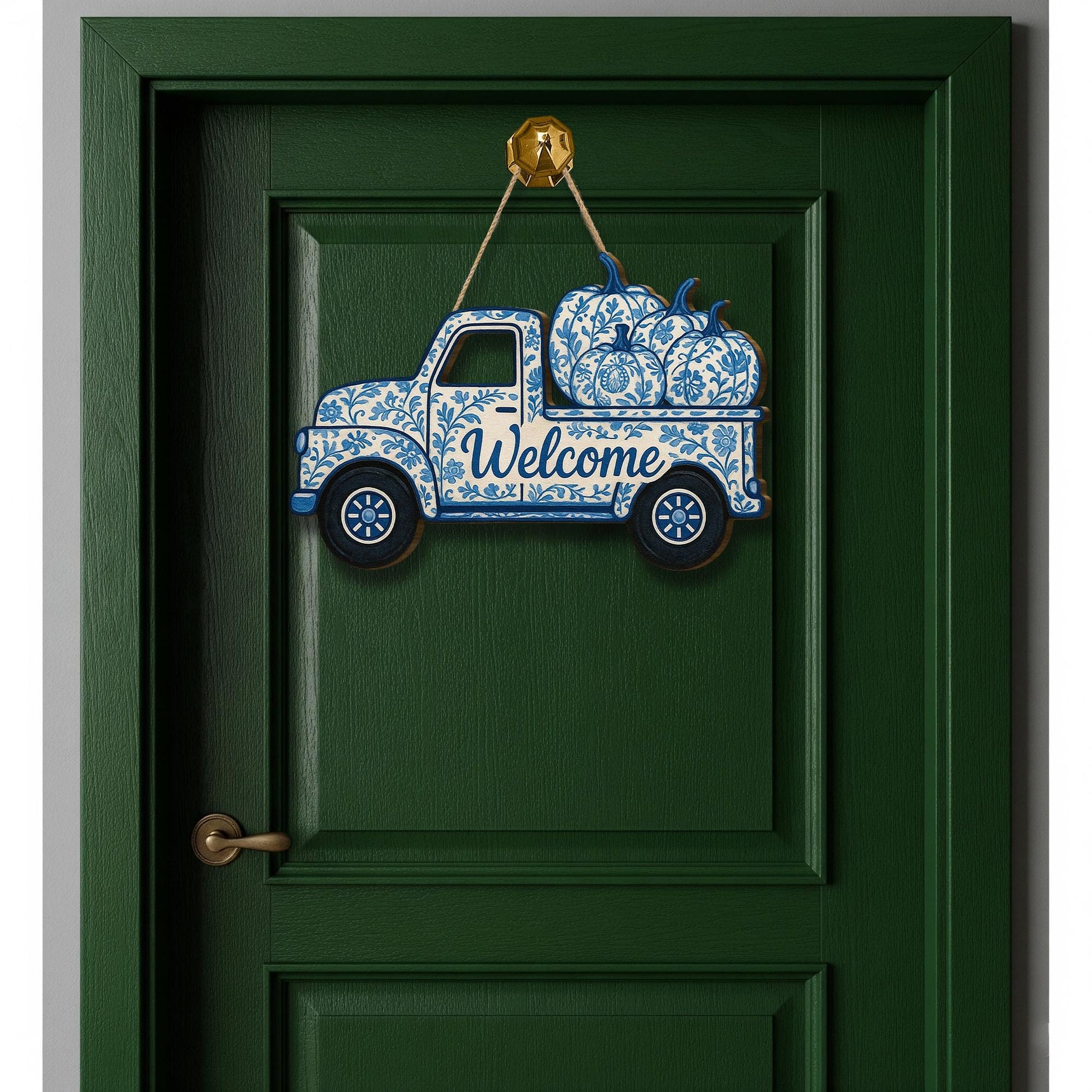 Chinoiserie Truck Door Sign, Blue and White Pumpkin Decor, Fall Welcome Wooden Sign, Front Porch Autumn Hanger, Farmhouse Style Art