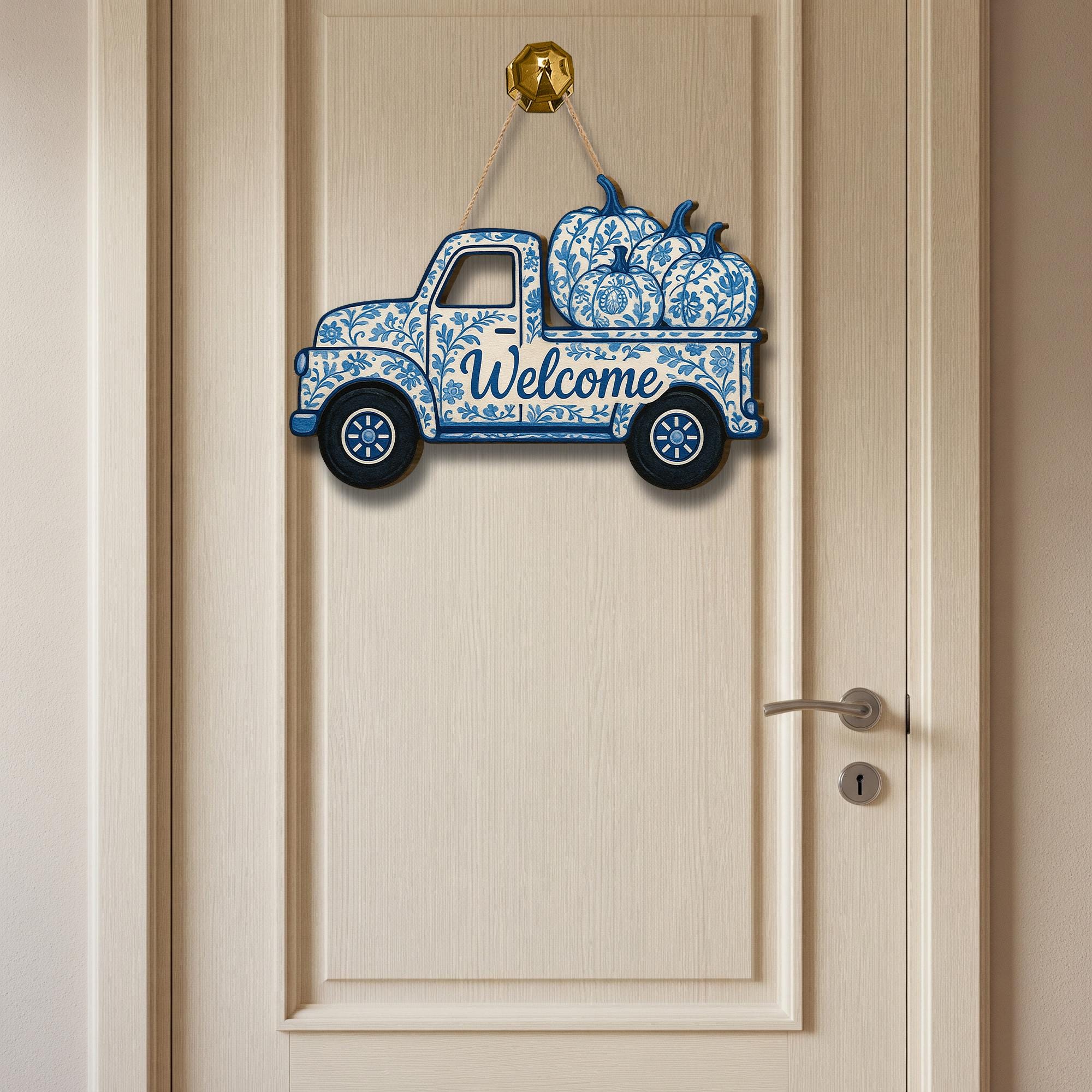 Chinoiserie Truck Door Sign, Blue and White Pumpkin Decor, Fall Welcome Wooden Sign, Front Porch Autumn Hanger, Farmhouse Style Art