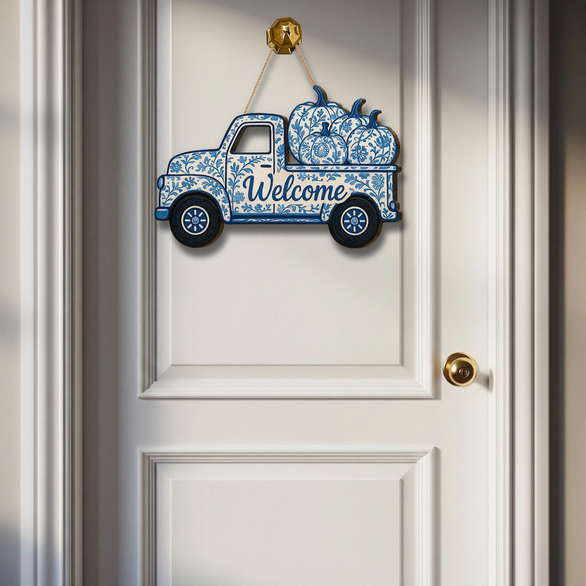 Chinoiserie Truck Door Sign, Blue and White Pumpkin Decor, Fall Welcome Wooden Sign, Front Porch Autumn Hanger, Farmhouse Style Art