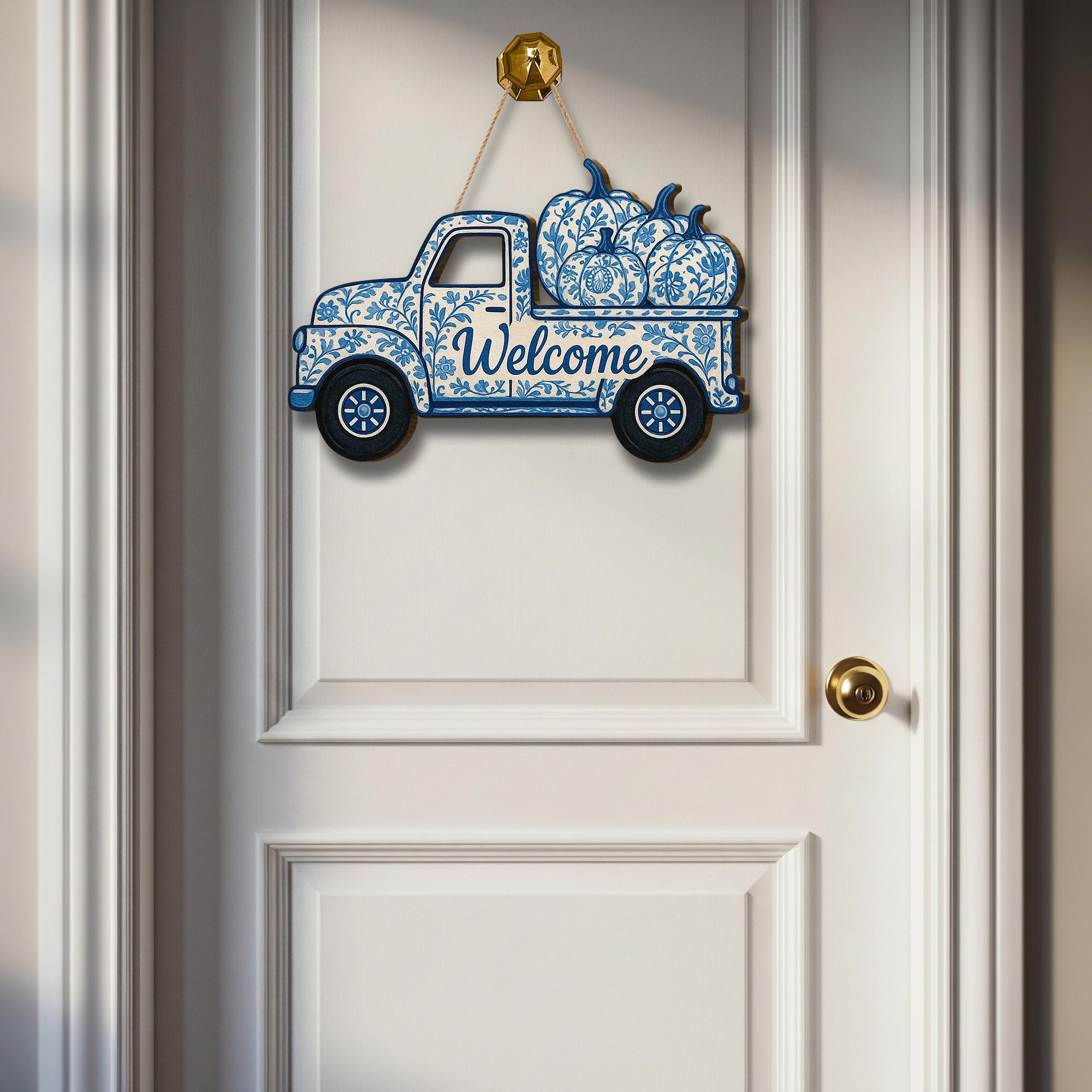 Chinoiserie Truck Door Sign, Blue and White Pumpkin Decor, Fall Welcome Wooden Sign, Front Porch Autumn Hanger, Farmhouse Style Art