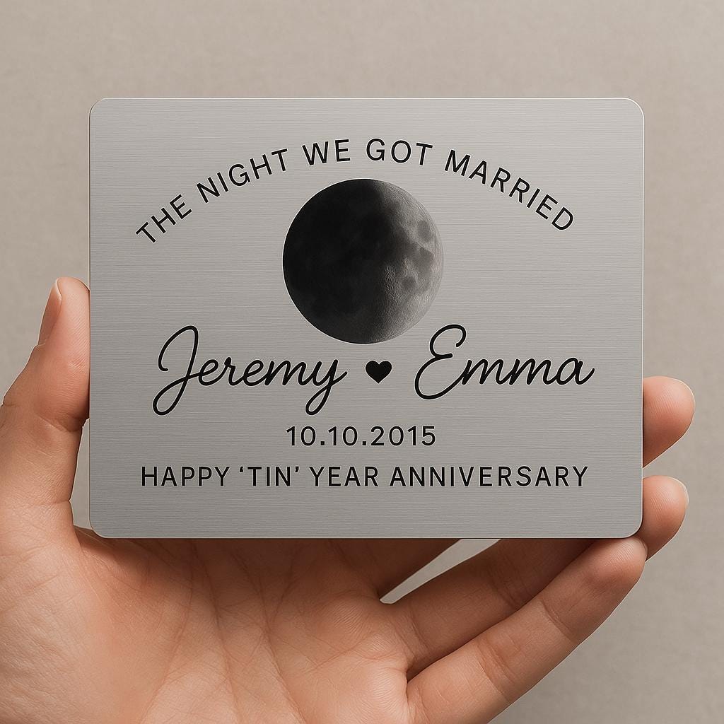 Custom Moon Phase Metal Card - Personalized Wedding Date Gift - Anniversary Keepsake with Names & Moon Night - Tin Year Gift for Him or Her