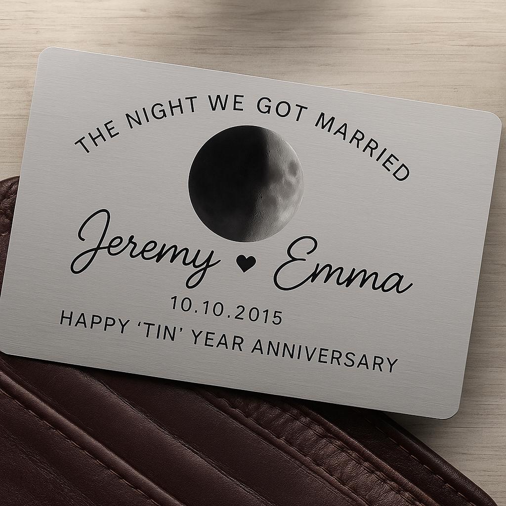 Custom Moon Phase Metal Card - Personalized Wedding Date Gift - Anniversary Keepsake with Names & Moon Night - Tin Year Gift for Him or Her