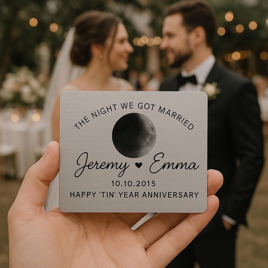 Custom Moon Phase Metal Card - Personalized Wedding Date Gift - Anniversary Keepsake with Names & Moon Night - Tin Year Gift for Him or Her