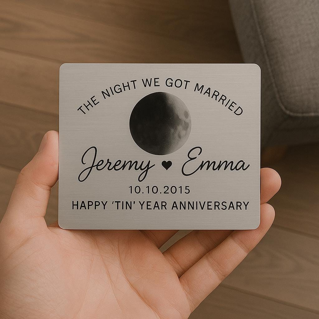 Custom Moon Phase Metal Card - Personalized Wedding Date Gift - Anniversary Keepsake with Names & Moon Night - Tin Year Gift for Him or Her