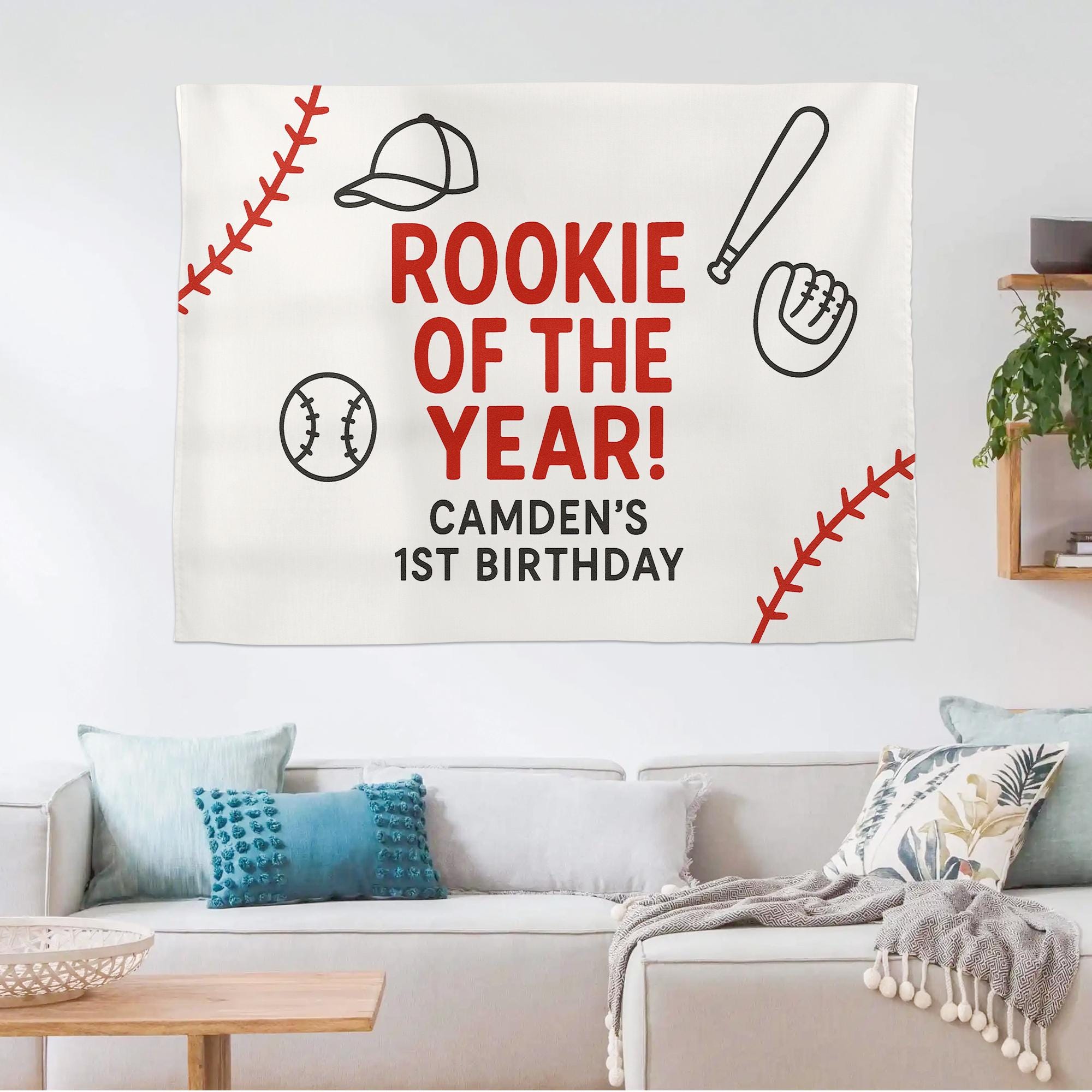 Rookie of the Year Birthday Banner - Custom Baseball 1st Birthday Tapestry - Personalized Sports Theme Party Backdrop for Boys