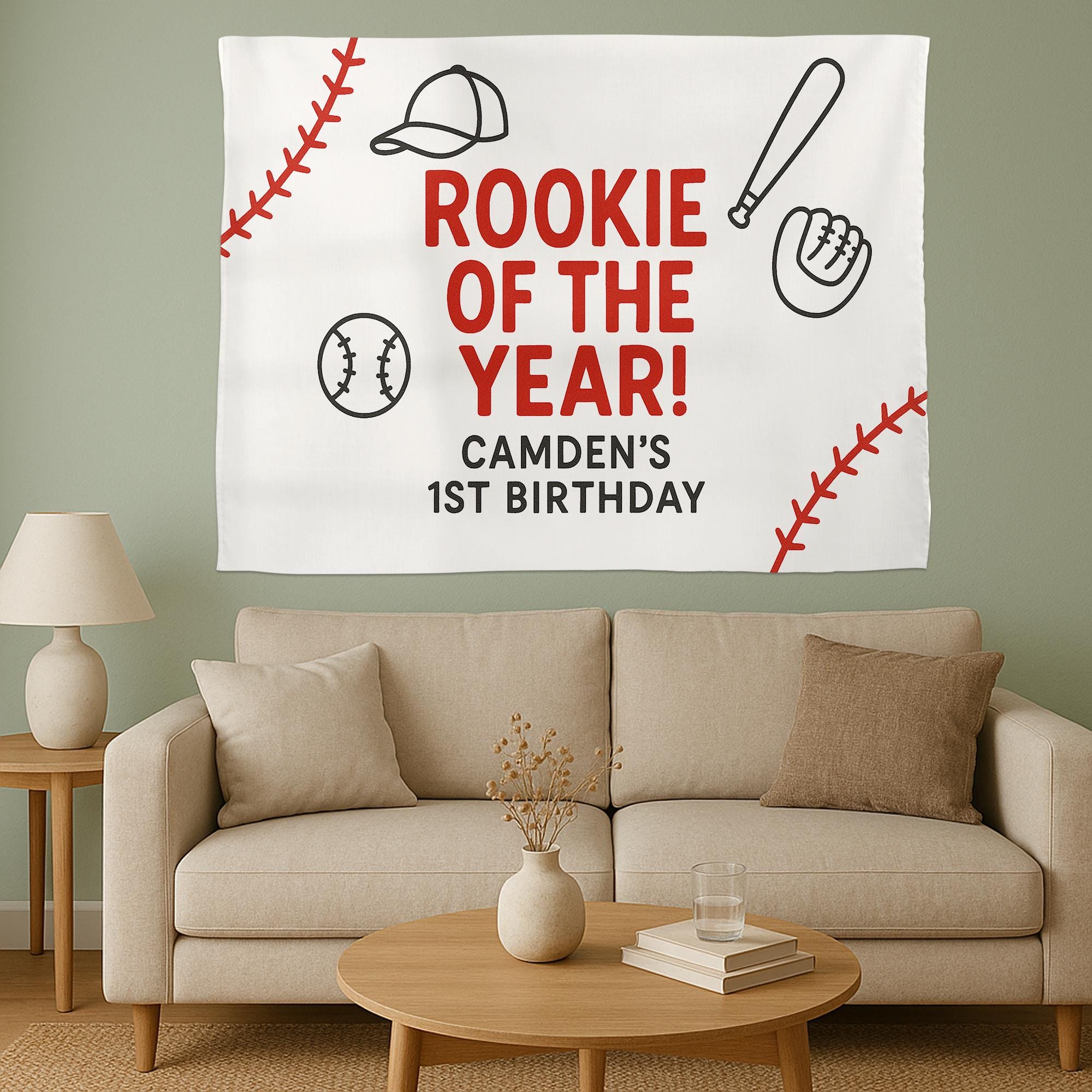 Rookie of the Year Birthday Banner - Custom Baseball 1st Birthday Tapestry - Personalized Sports Theme Party Backdrop for Boys