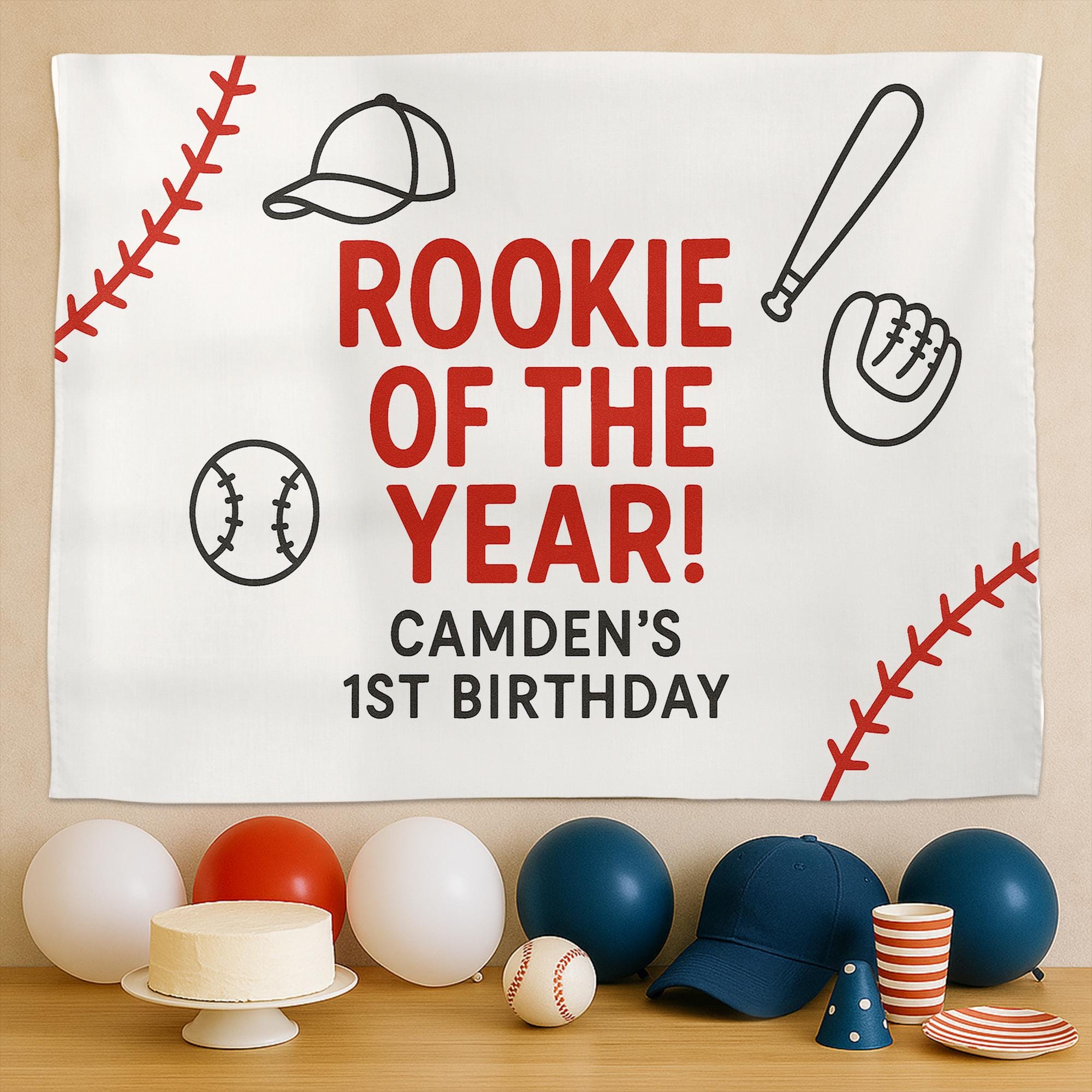 Rookie of the Year Birthday Banner - Custom Baseball 1st Birthday Tapestry - Personalized Sports Theme Party Backdrop for Boys