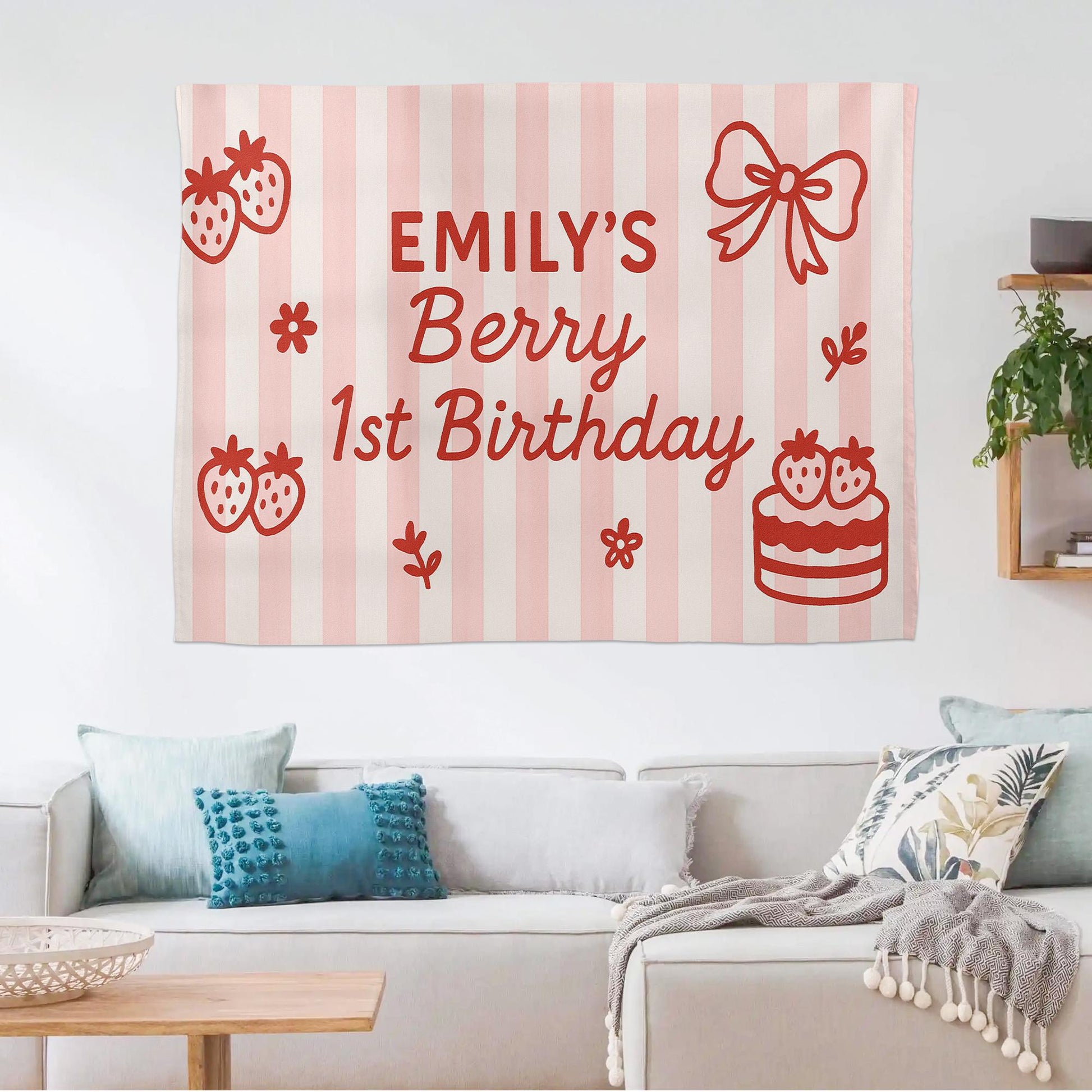 Berry First Birthday Banner - Custom Strawberry 1st Birthday Tapestry for Girls - Personalized Pink Party Backdrop Decor