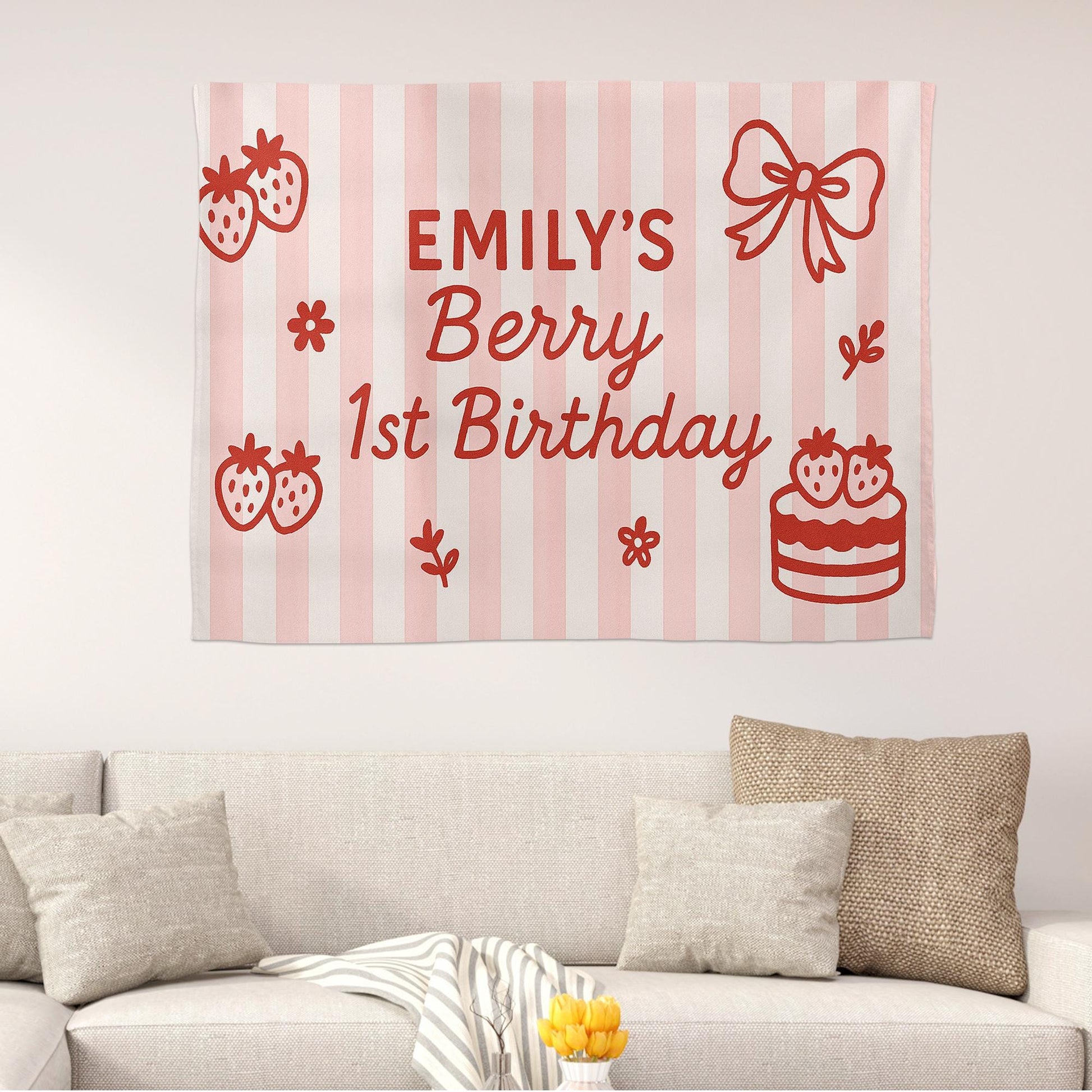 Berry First Birthday Banner - Custom Strawberry 1st Birthday Tapestry for Girls - Personalized Pink Party Backdrop Decor