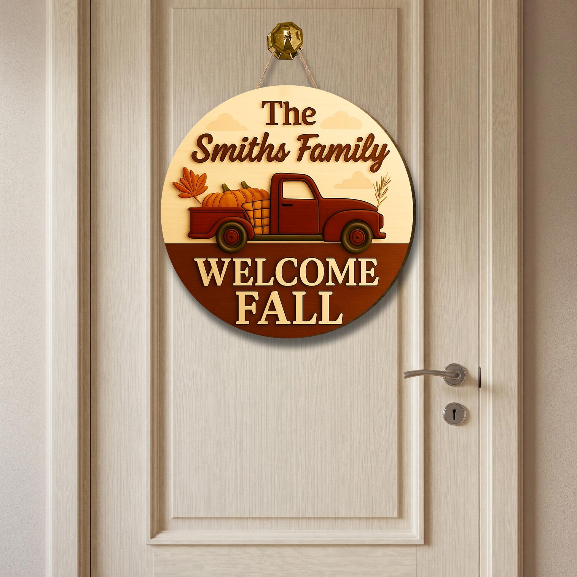 Personalized Fall Door Hanger, Custom Welcome Sign with Truck & Pumpkins, Autumn Porch Decor, Family Name Fall Decoration