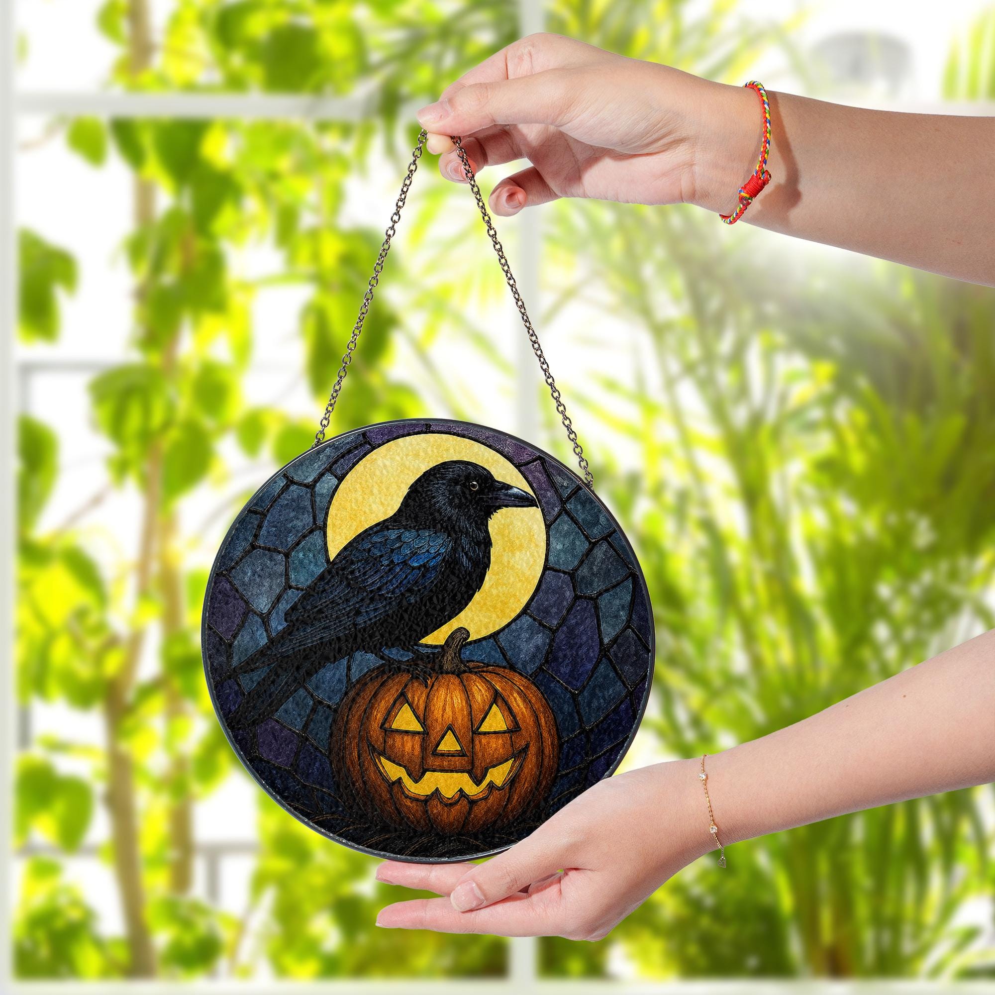 Halloween Crow Suncatcher, Stained Glass Pumpkin Decor, Raven Window Hanging, Spooky Gothic Fall Gift, Jack-o’-Lantern Art