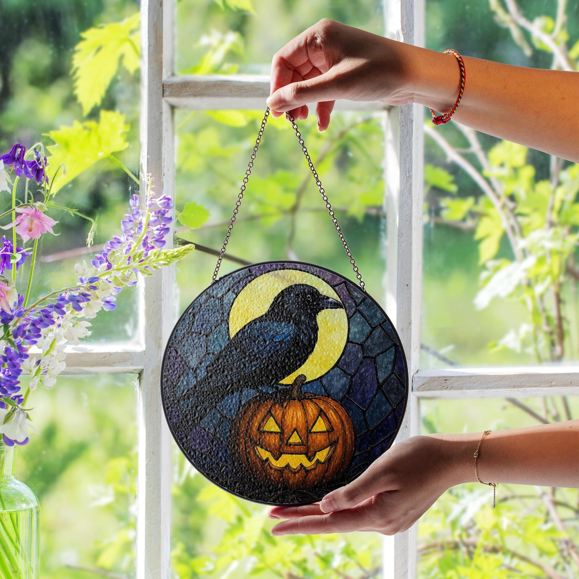 Halloween Crow Suncatcher, Stained Glass Pumpkin Decor, Raven Window Hanging, Spooky Gothic Fall Gift, Jack-o’-Lantern Art