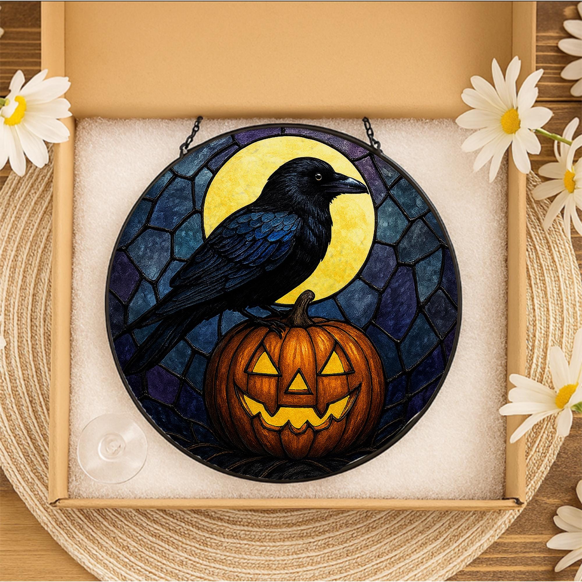Halloween Crow Suncatcher, Stained Glass Pumpkin Decor, Raven Window Hanging, Spooky Gothic Fall Gift, Jack-o’-Lantern Art