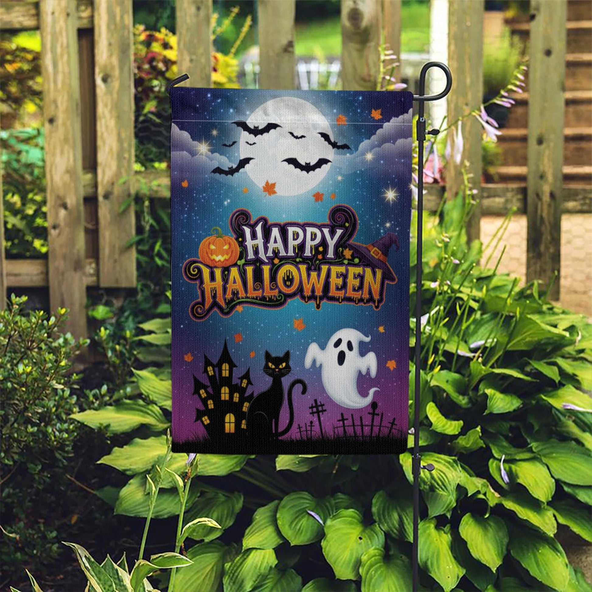 Halloween Garden Flag, Happy Halloween Outdoor Yard Decor, Ghost Cat Bat Moon Banner, Spooky Fall Lawn Decoration