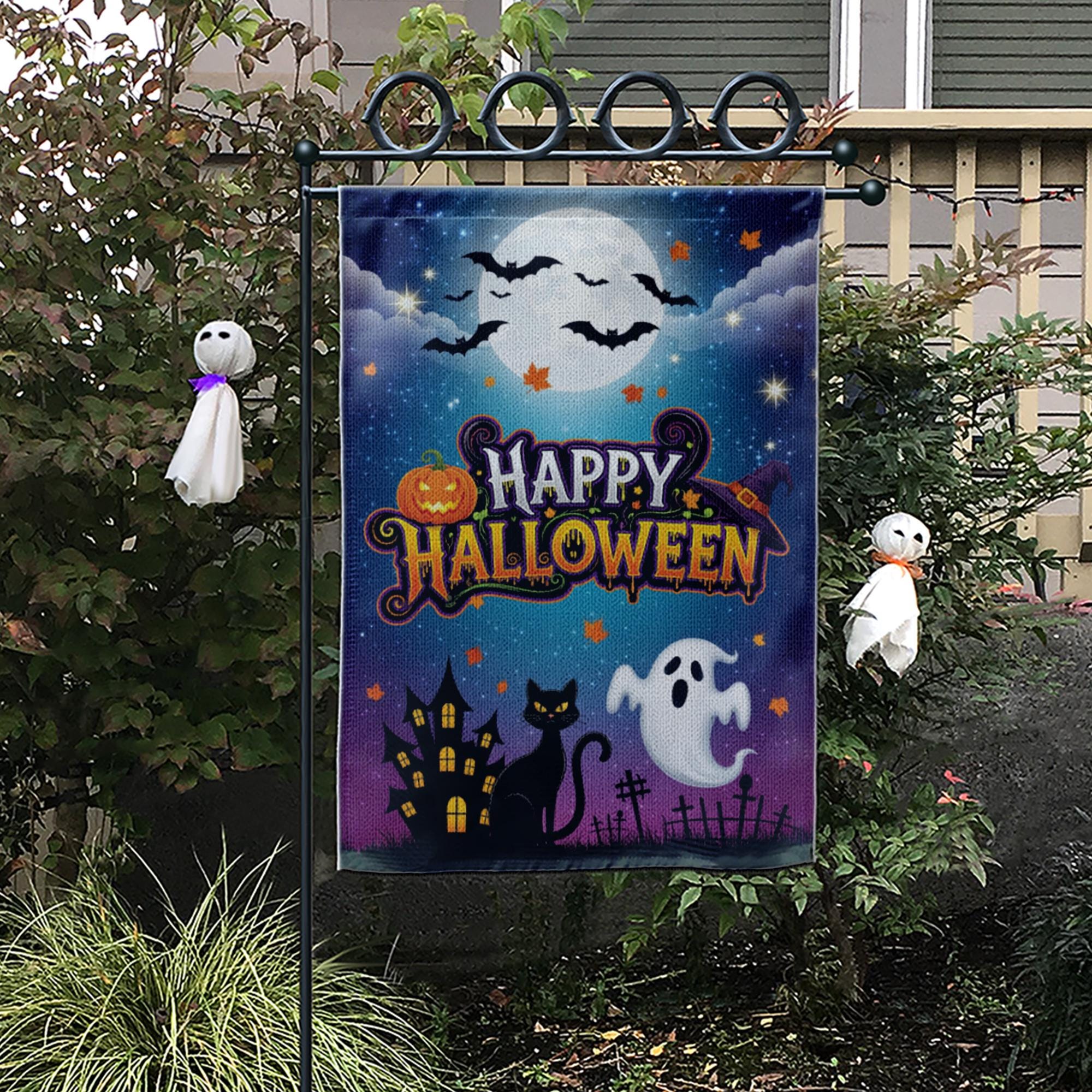 Halloween Garden Flag, Happy Halloween Outdoor Yard Decor, Ghost Cat Bat Moon Banner, Spooky Fall Lawn Decoration