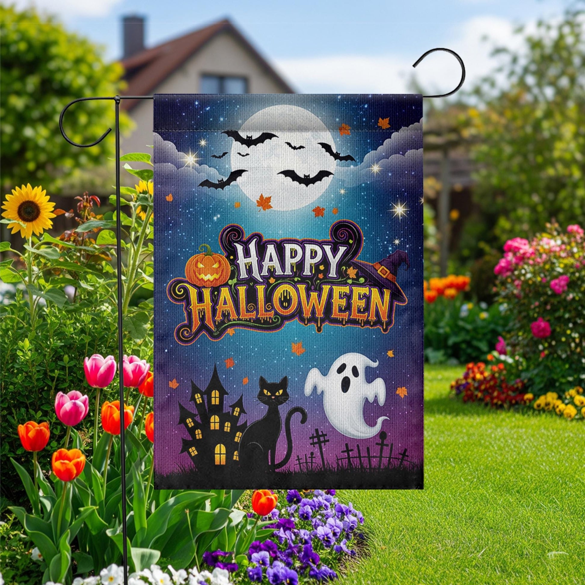 Halloween Garden Flag, Happy Halloween Outdoor Yard Decor, Ghost Cat Bat Moon Banner, Spooky Fall Lawn Decoration