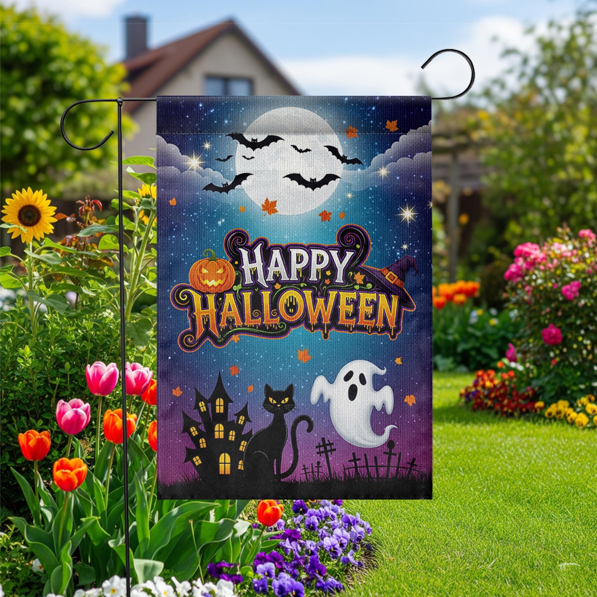 Halloween Garden Flag, Happy Halloween Outdoor Yard Decor, Ghost Cat Bat Moon Banner, Spooky Fall Lawn Decoration