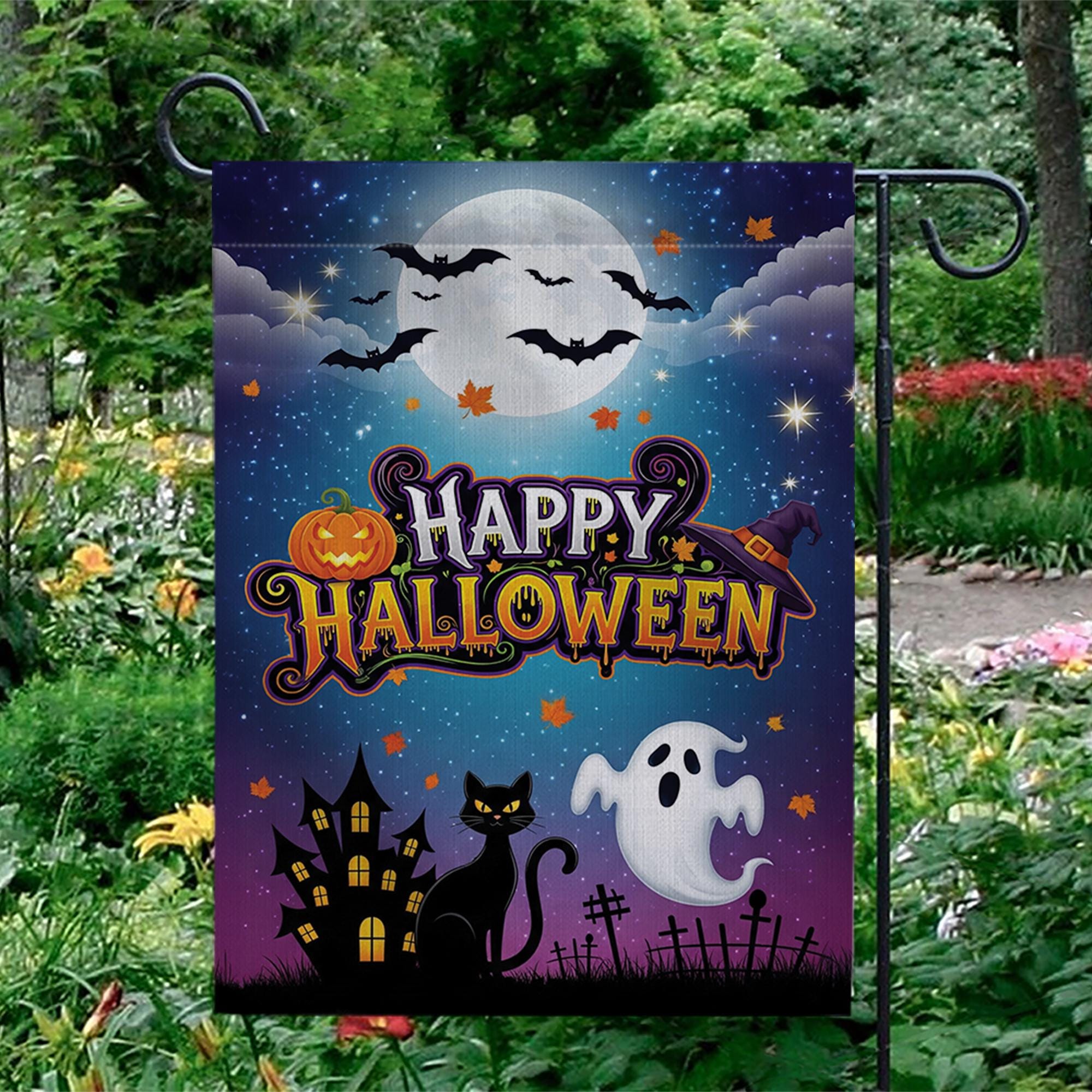 Halloween Garden Flag, Happy Halloween Outdoor Yard Decor, Ghost Cat Bat Moon Banner, Spooky Fall Lawn Decoration