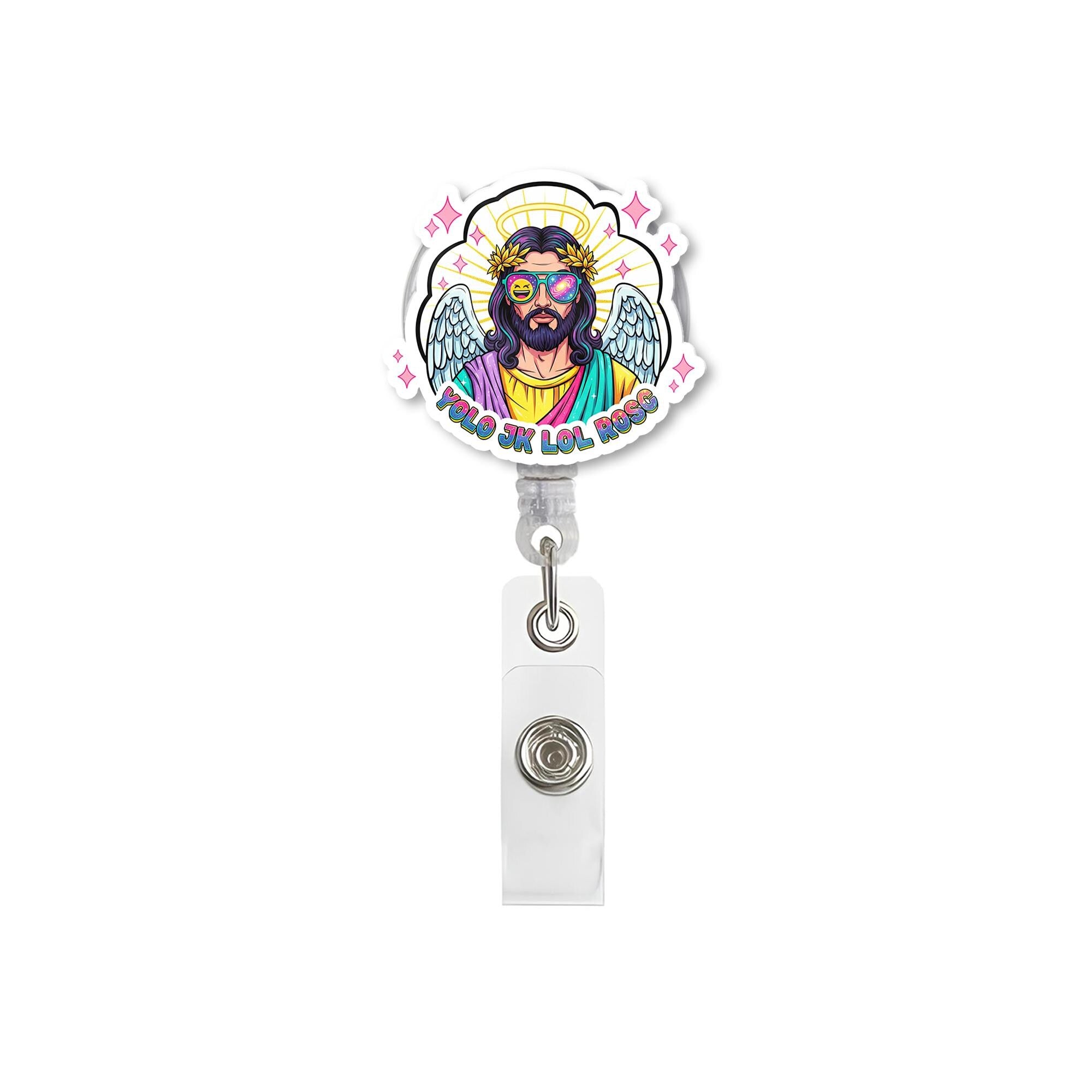 Funny Jesus Badge Reel, YOLO LOL Amen ID Holder, Retro Angel Aesthetic Clip, Cute Christian Gift, Nurse Work Accessory