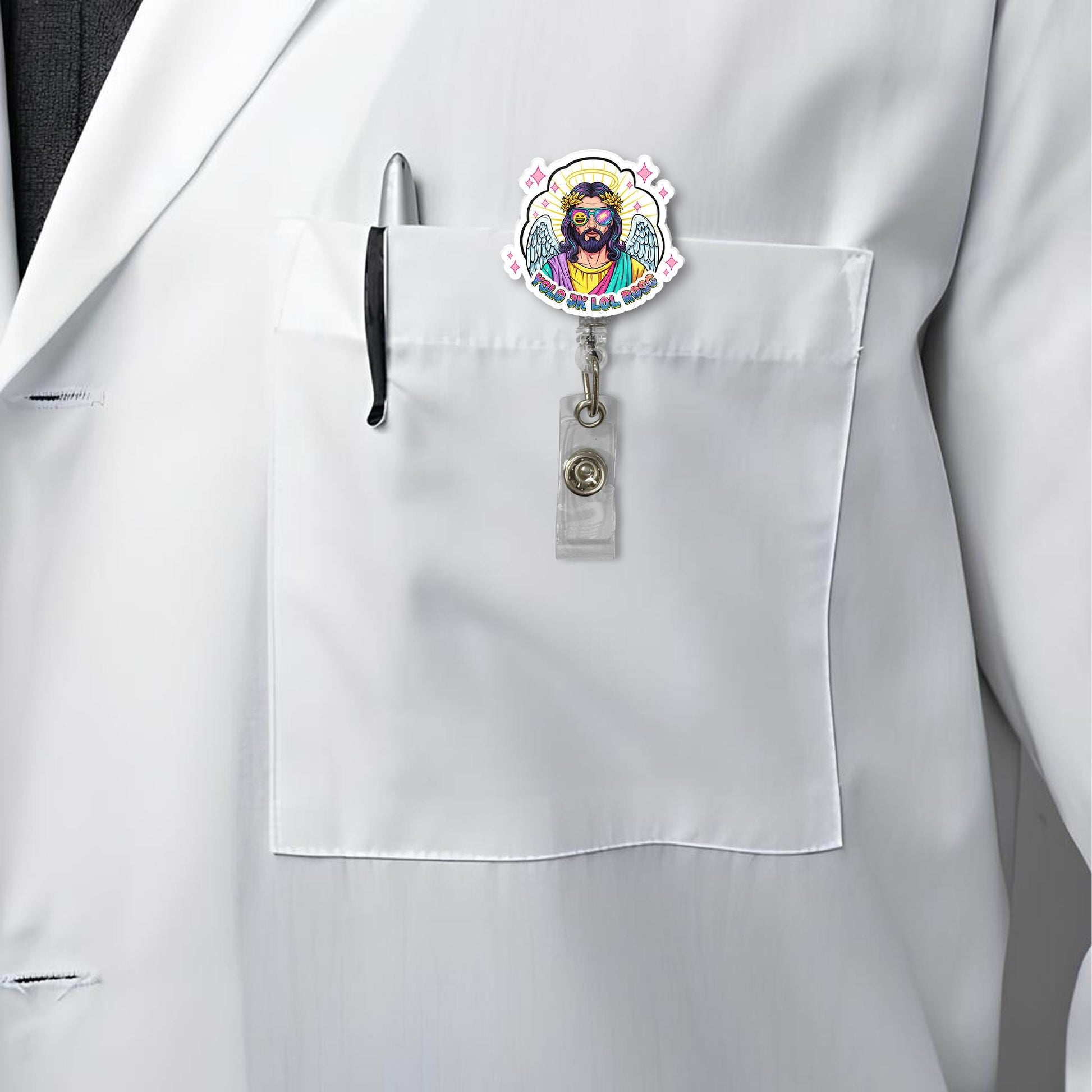 Funny Jesus Badge Reel, YOLO LOL Amen ID Holder, Retro Angel Aesthetic Clip, Cute Christian Gift, Nurse Work Accessory