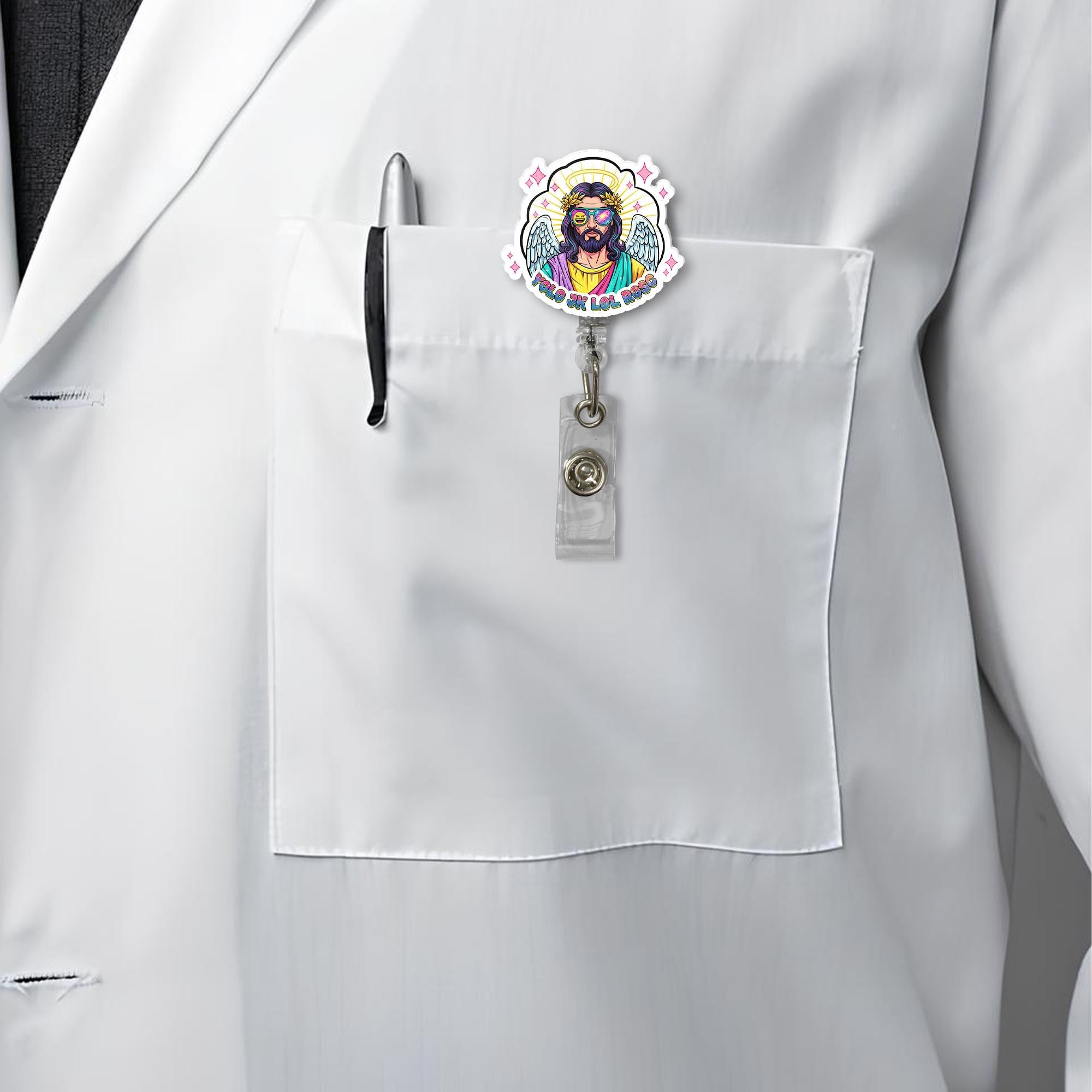 Funny Jesus Badge Reel, YOLO LOL Amen ID Holder, Retro Angel Aesthetic Clip, Cute Christian Gift, Nurse Work Accessory
